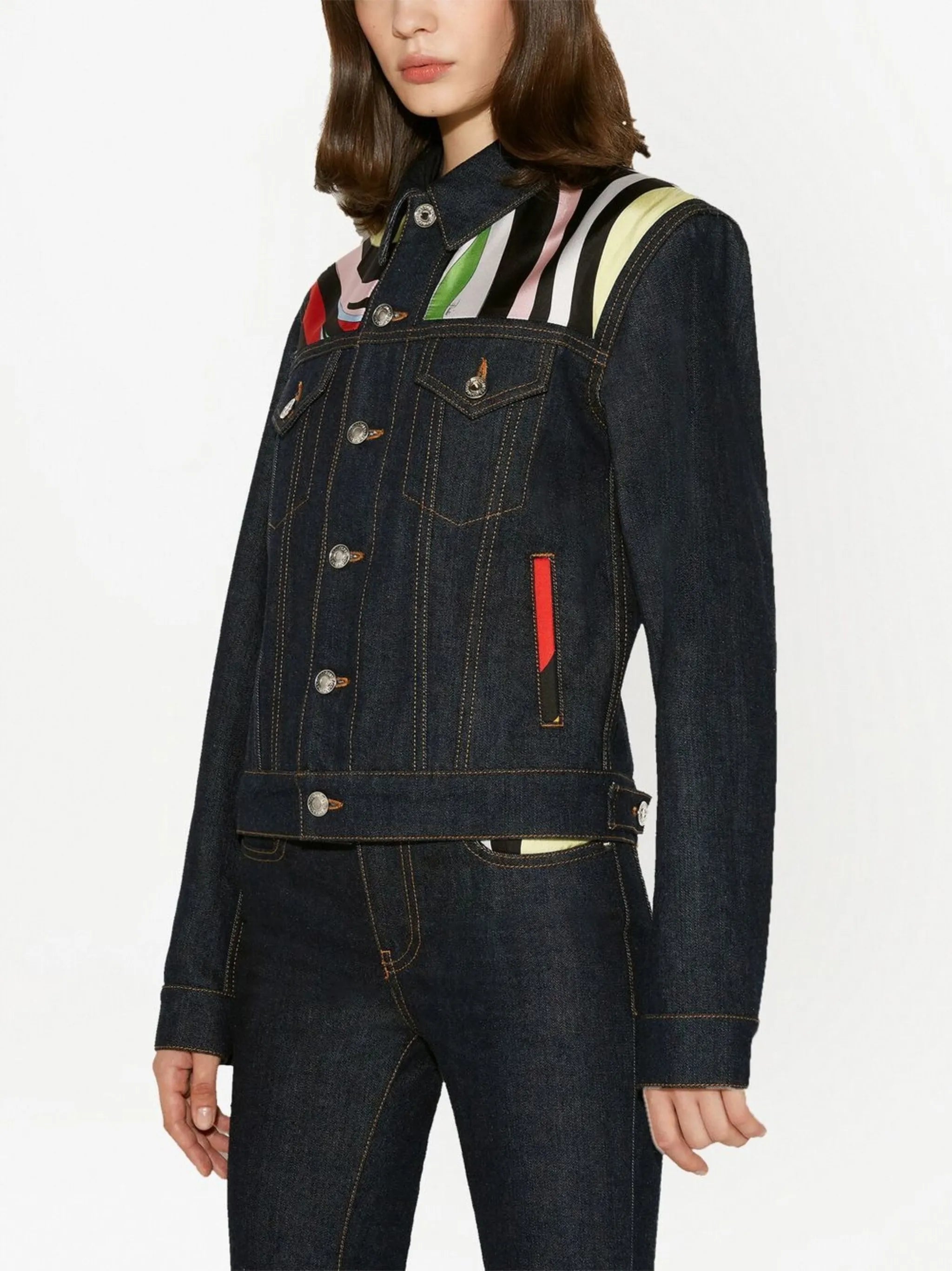 Marmo-print contrast-panel denim jacket