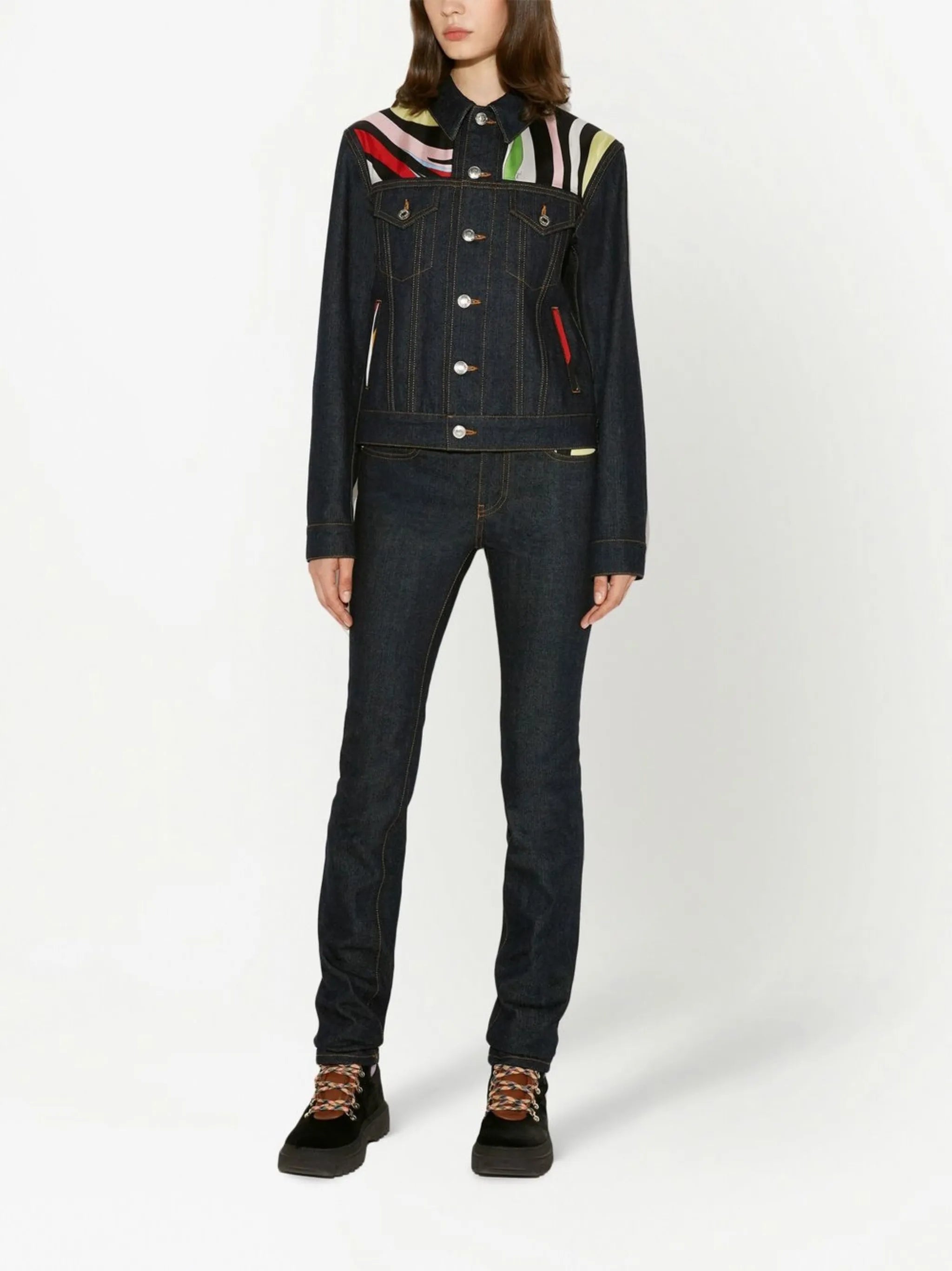 Marmo-print contrast-panel denim jacket