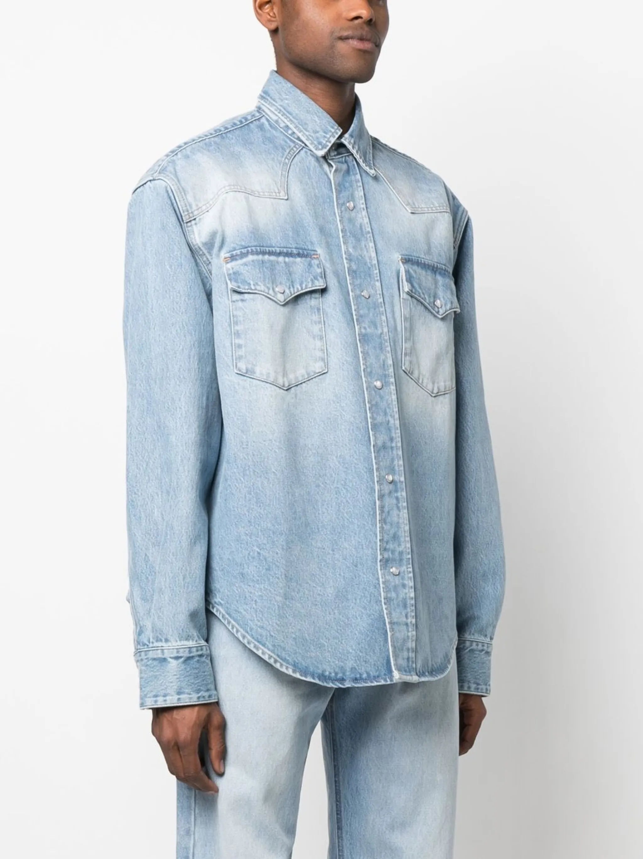 washed-denim chest-flap pockets shirt