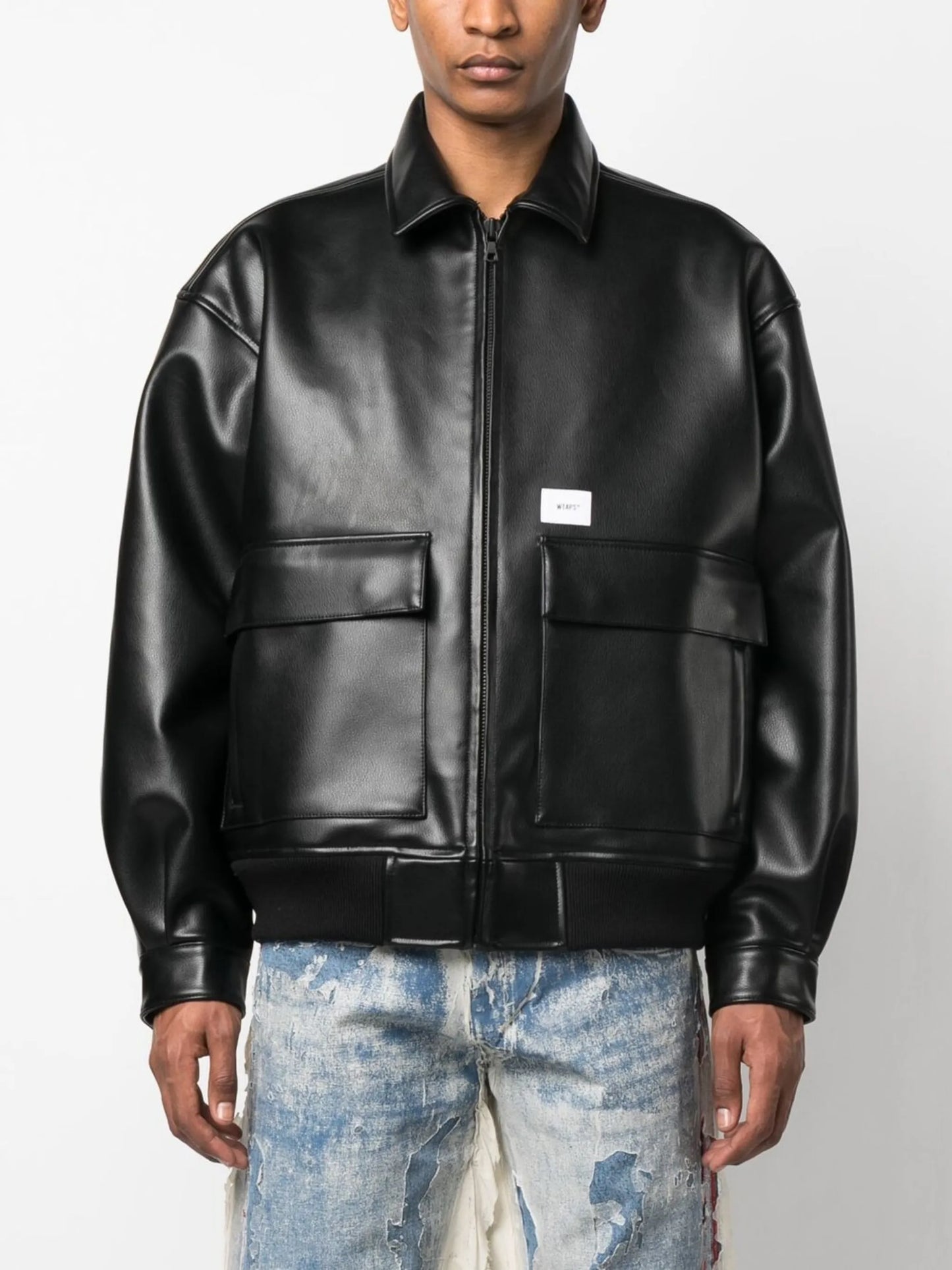bone appliqué faux-leather bomber jacket
