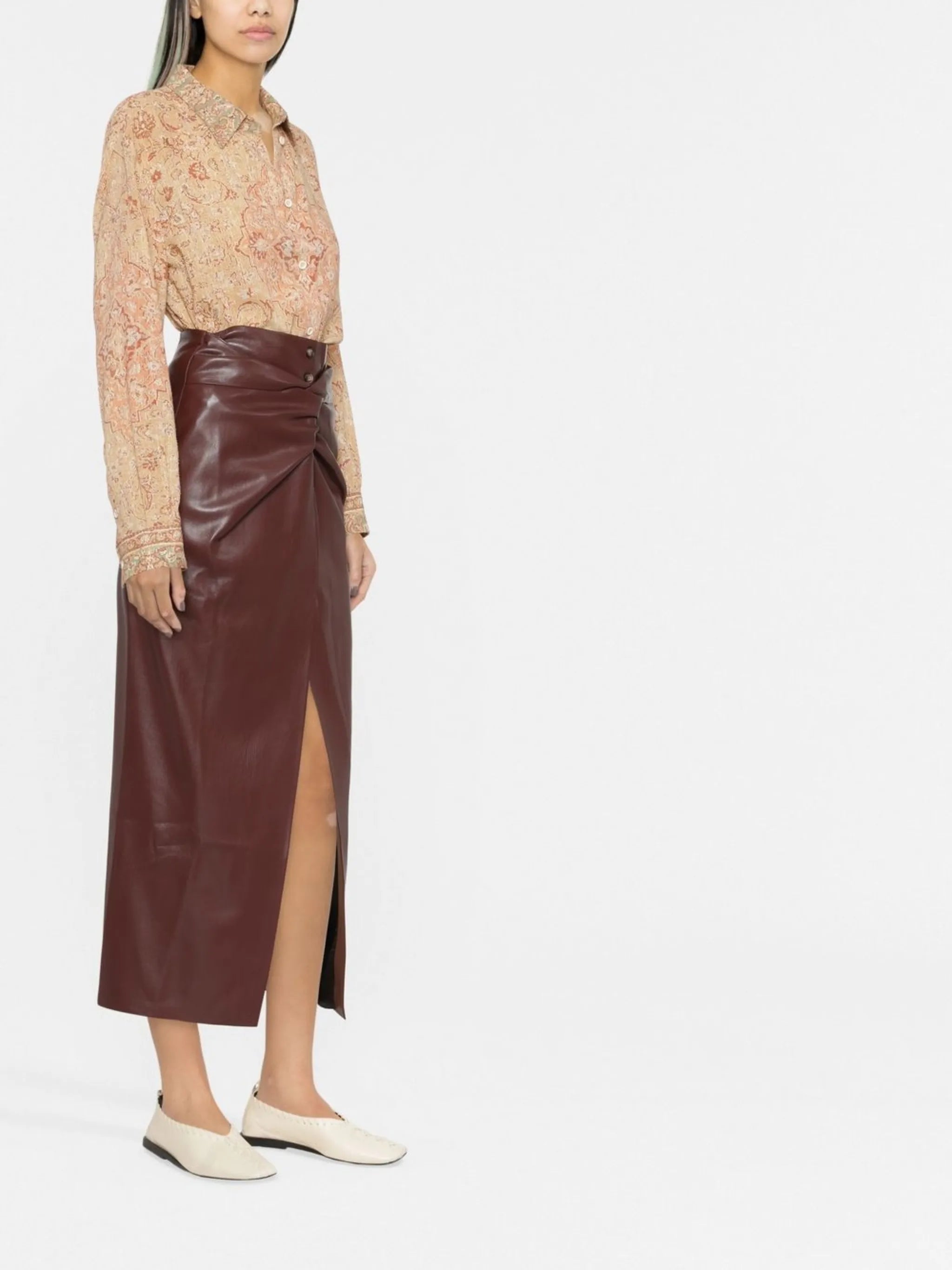 twist-front faux-leather wrap skirt