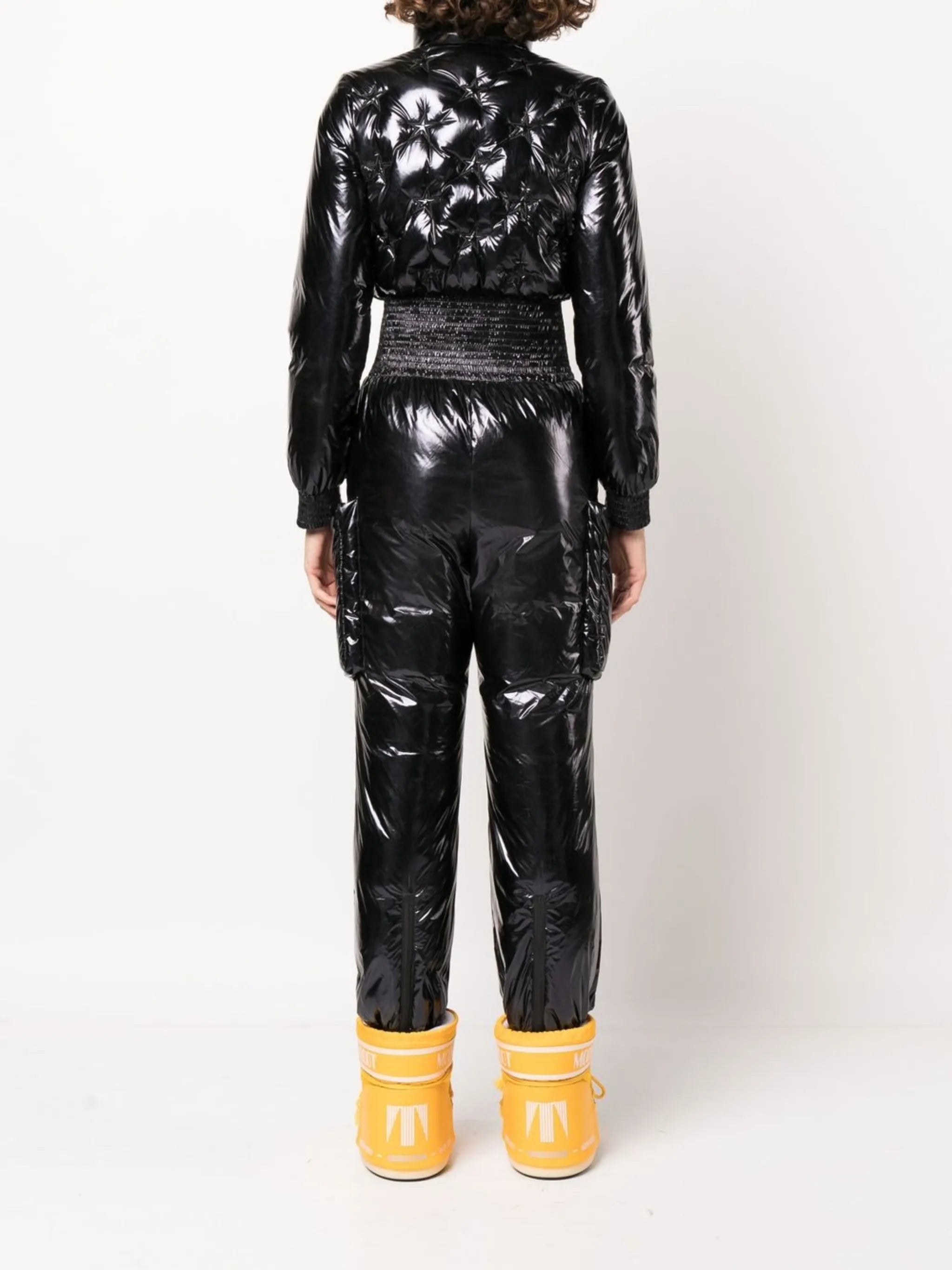 high-shine zip-up ruched ski jumpsuit