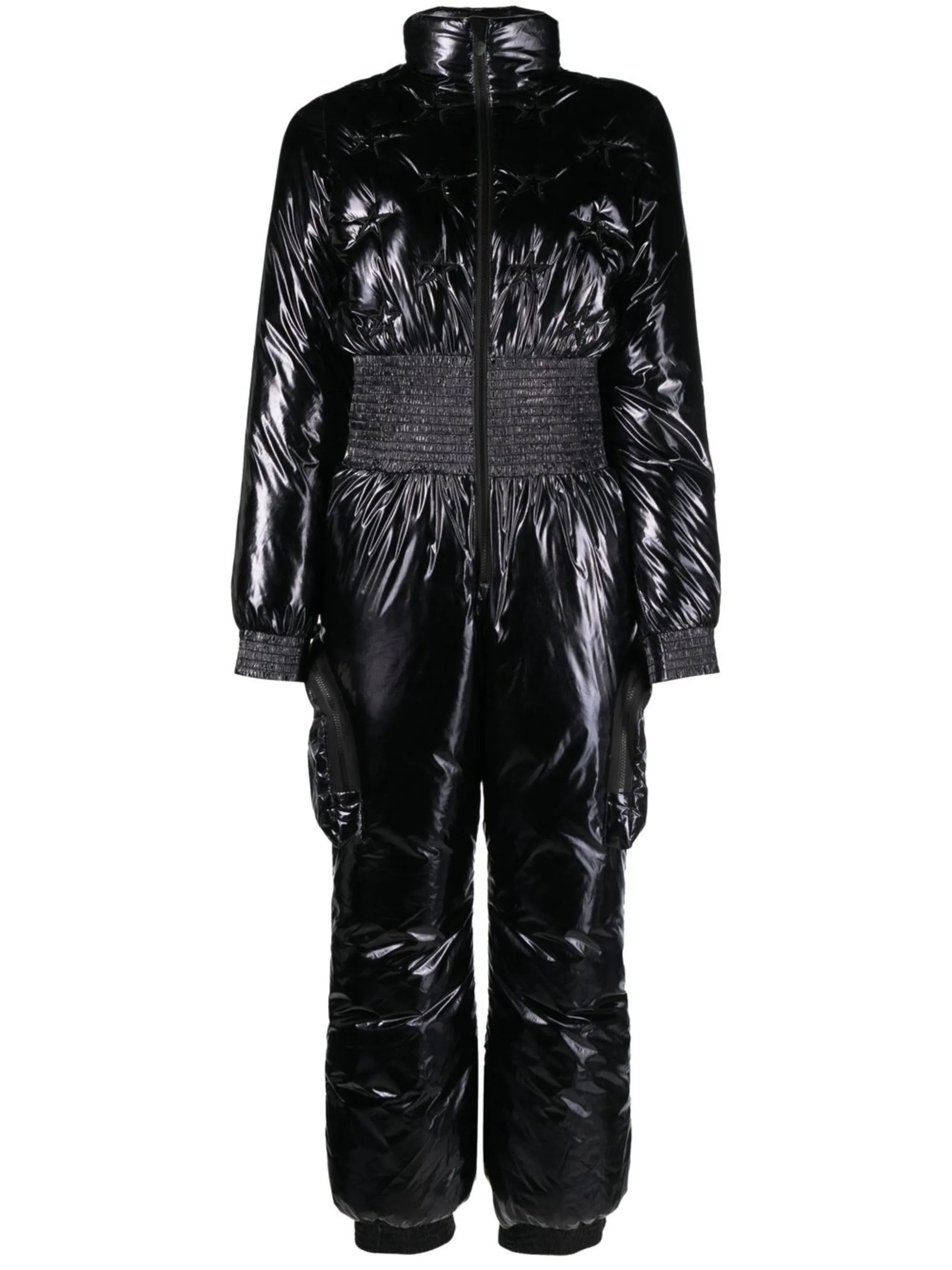 high-shine zip-up ruched ski jumpsuit