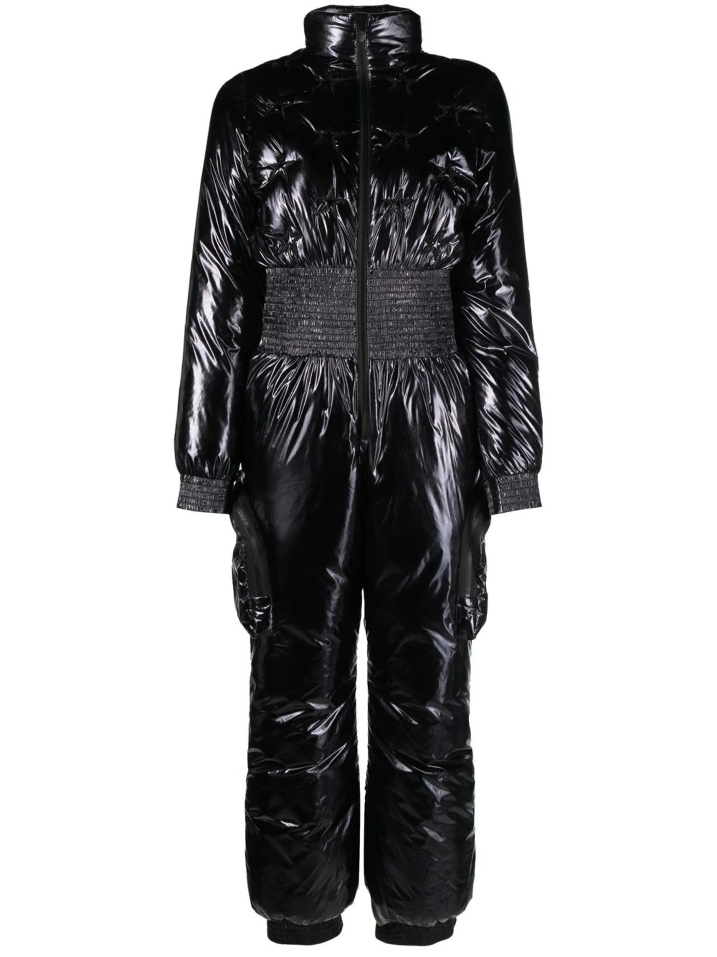 high-shine zip-up ruched ski jumpsuit
