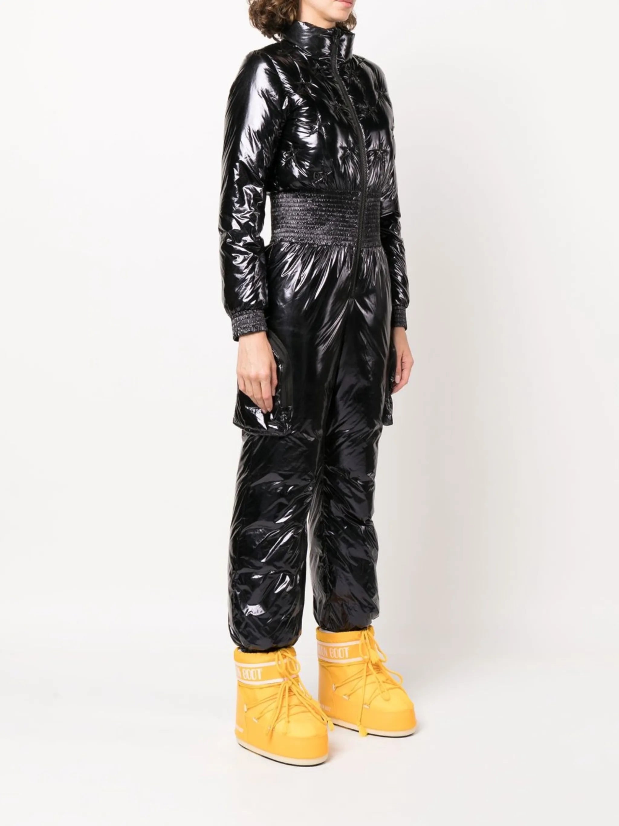 high-shine zip-up ruched ski jumpsuit