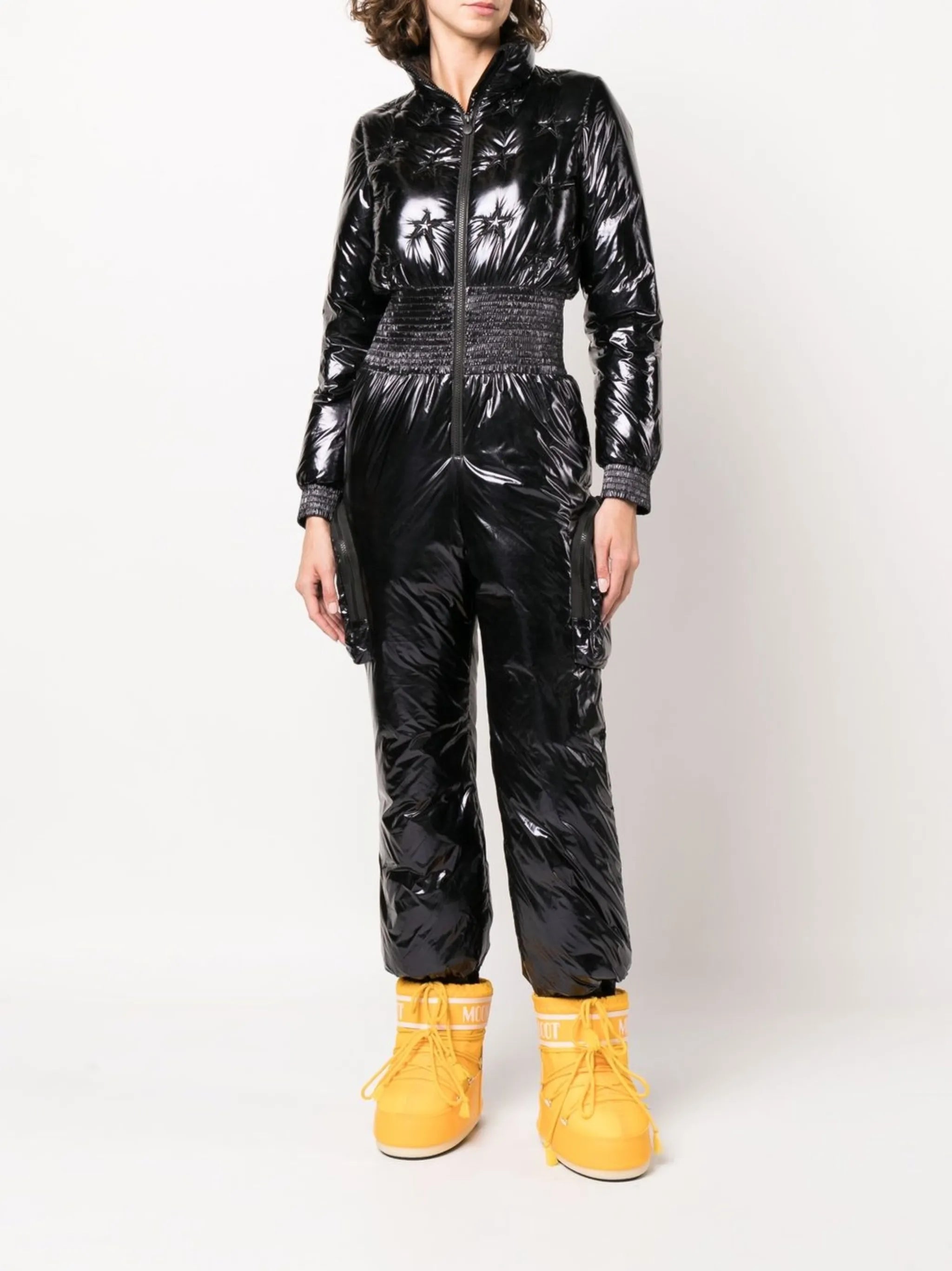 high-shine zip-up ruched ski jumpsuit
