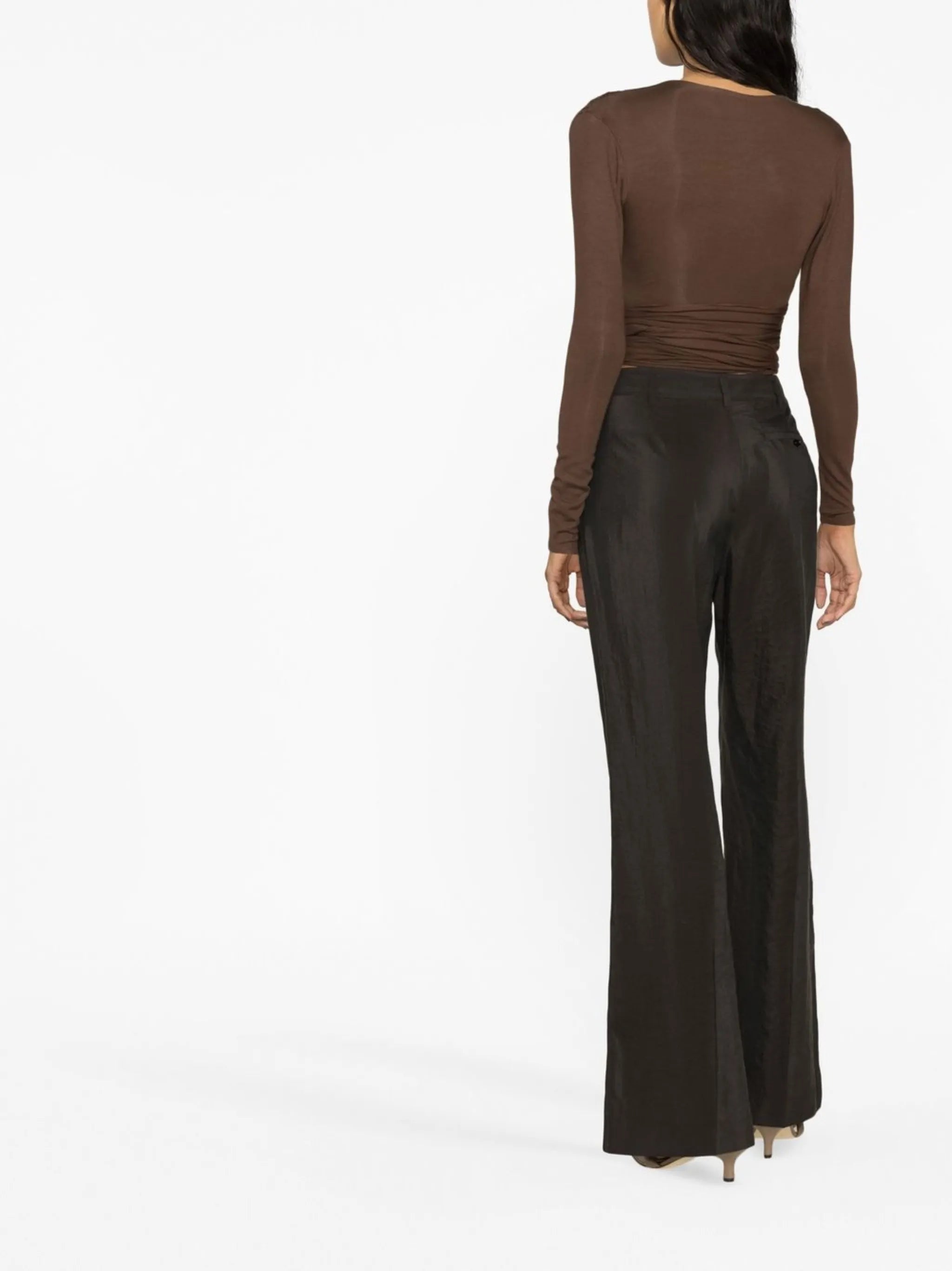 Brown V-neck Long Sleeve Wrap Top