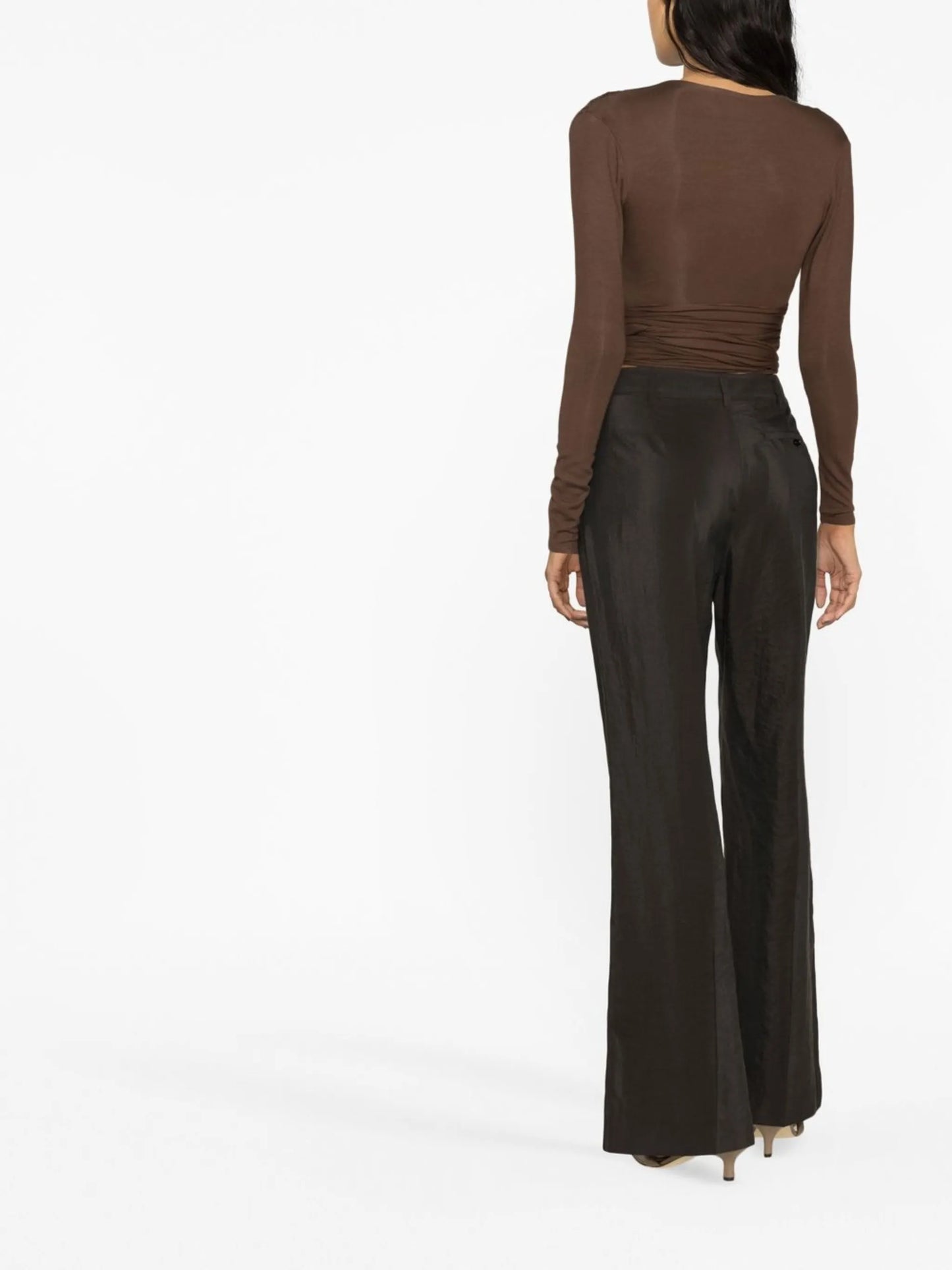 Brown V-neck Long Sleeve Wrap Top