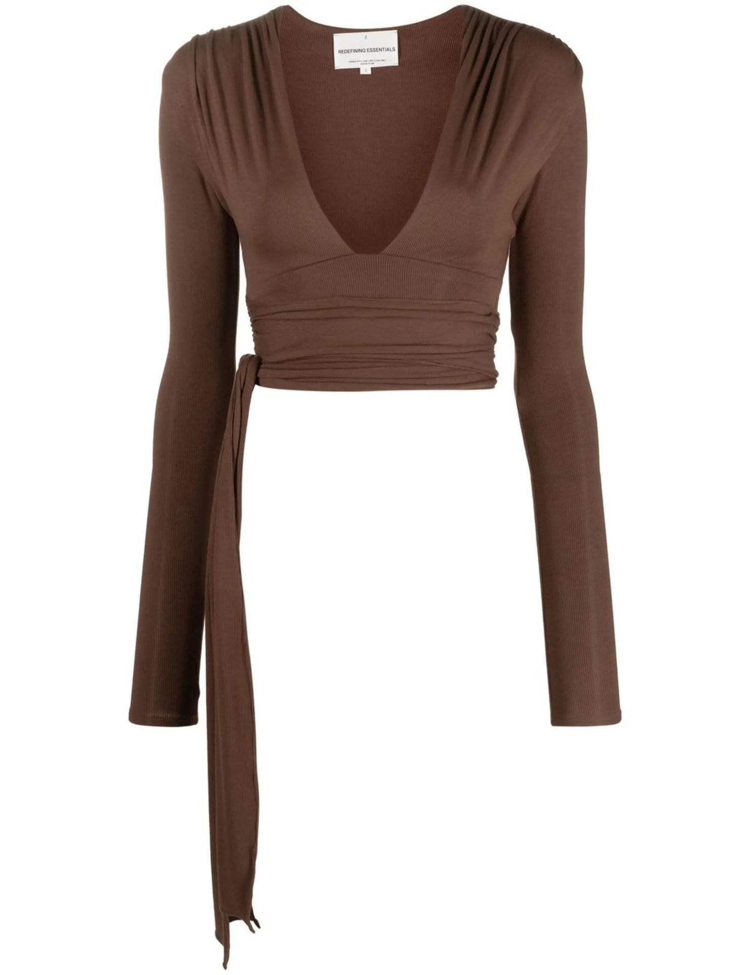 Brown V-neck Long Sleeve Wrap Top