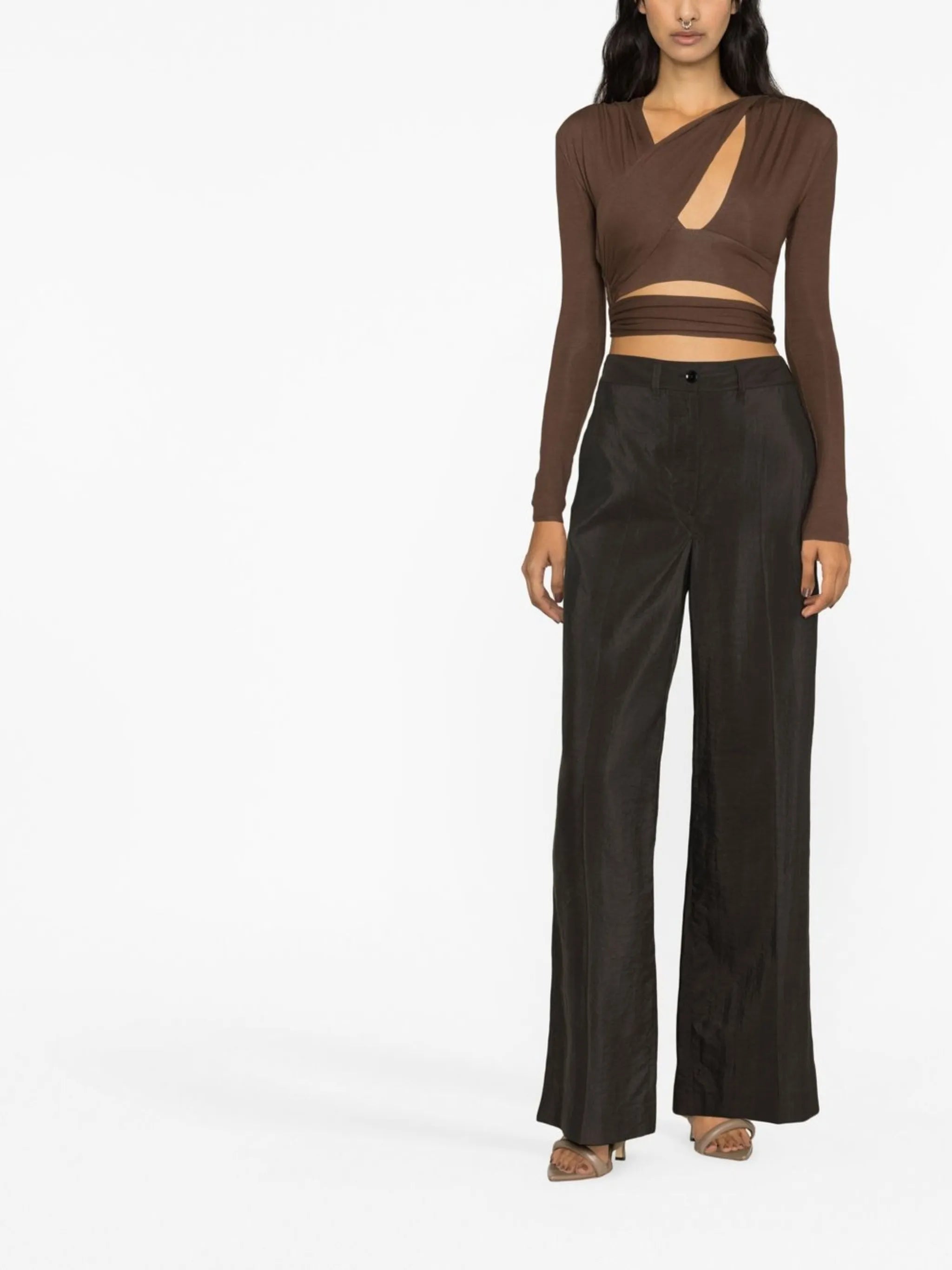 Brown V-neck Long Sleeve Wrap Top