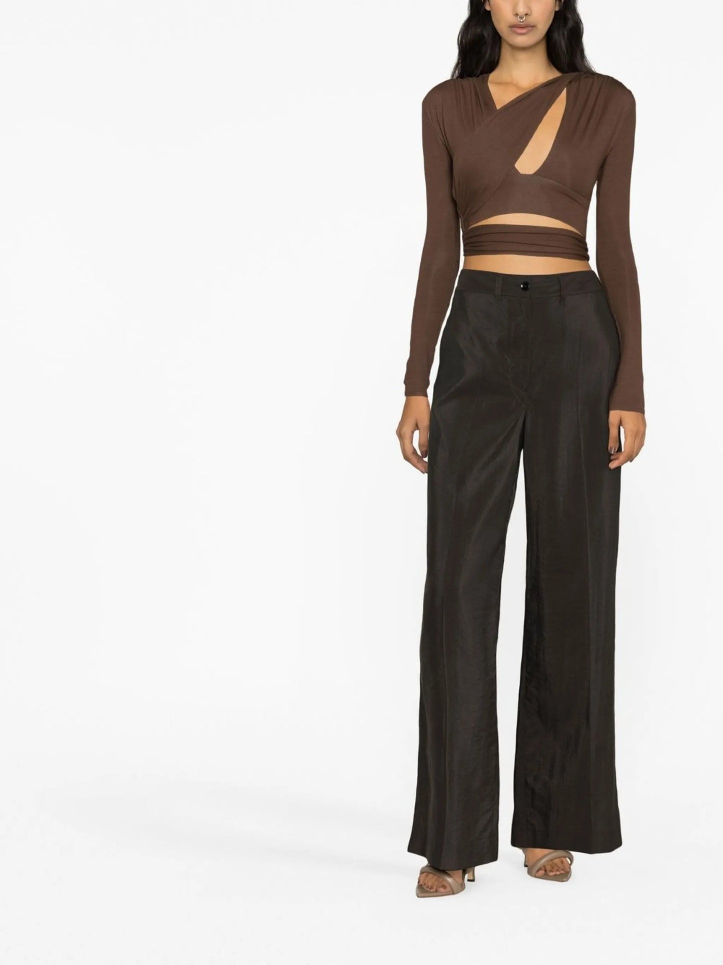 Brown V-neck Long Sleeve Wrap Top