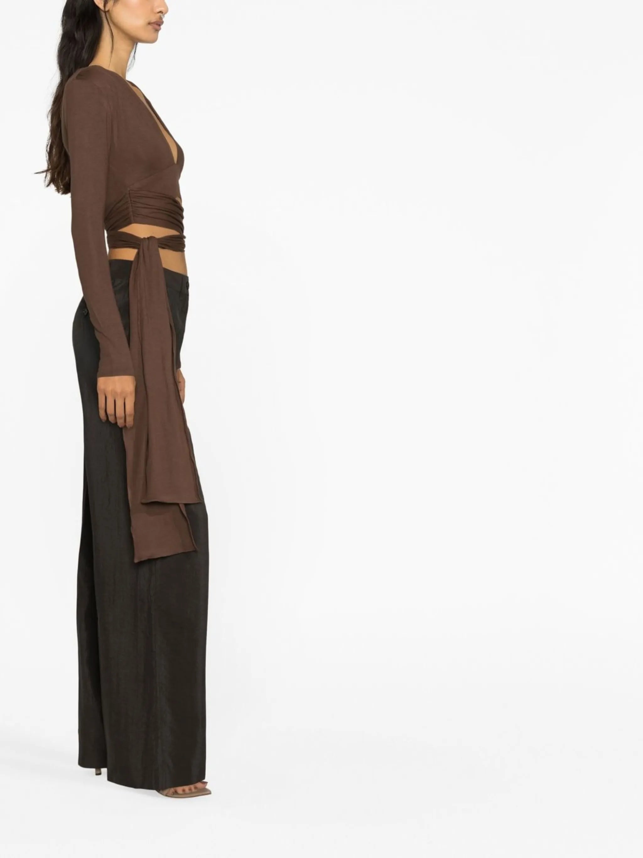 Brown V-neck Long Sleeve Wrap Top