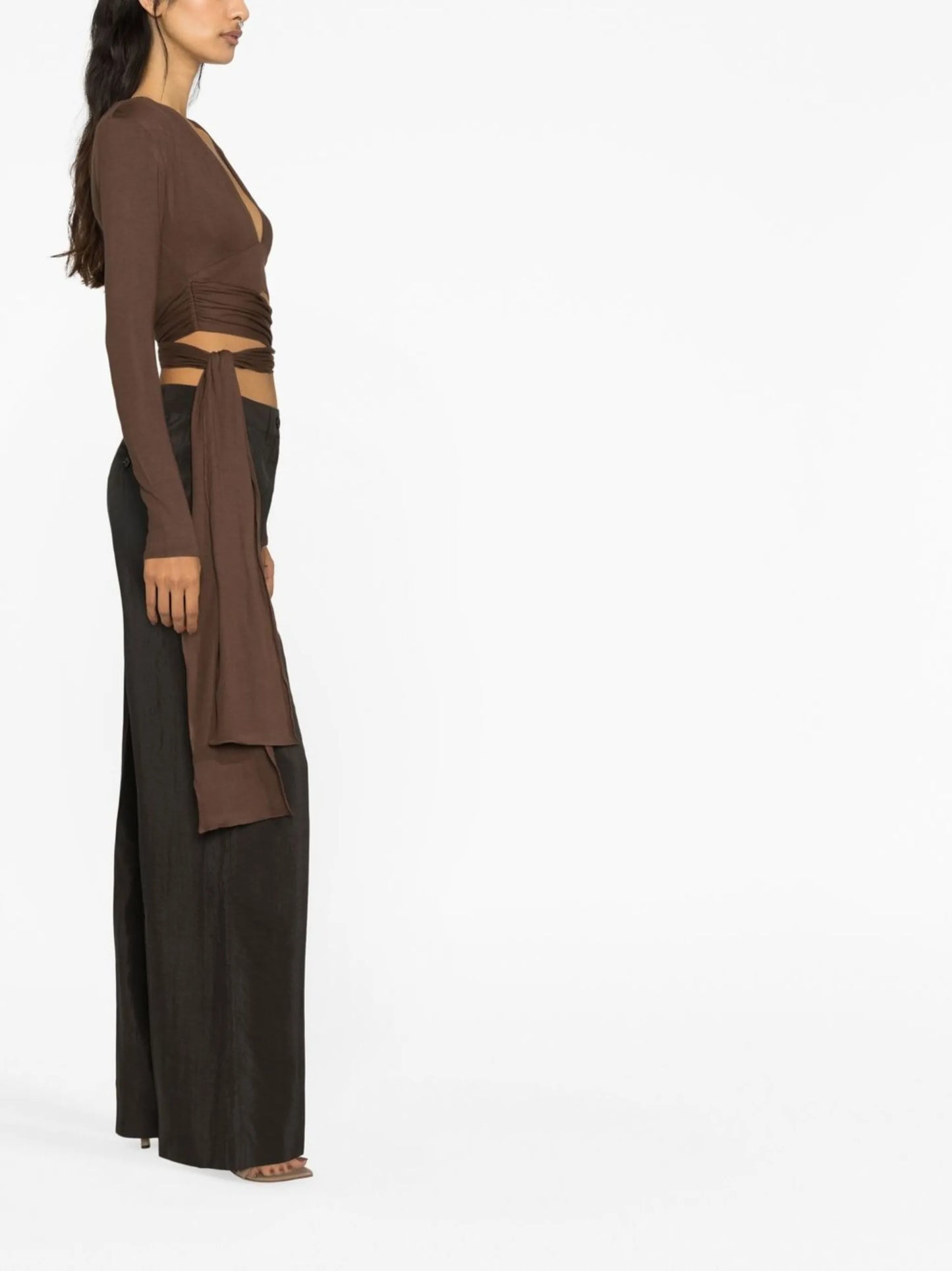 Brown V-neck Long Sleeve Wrap Top