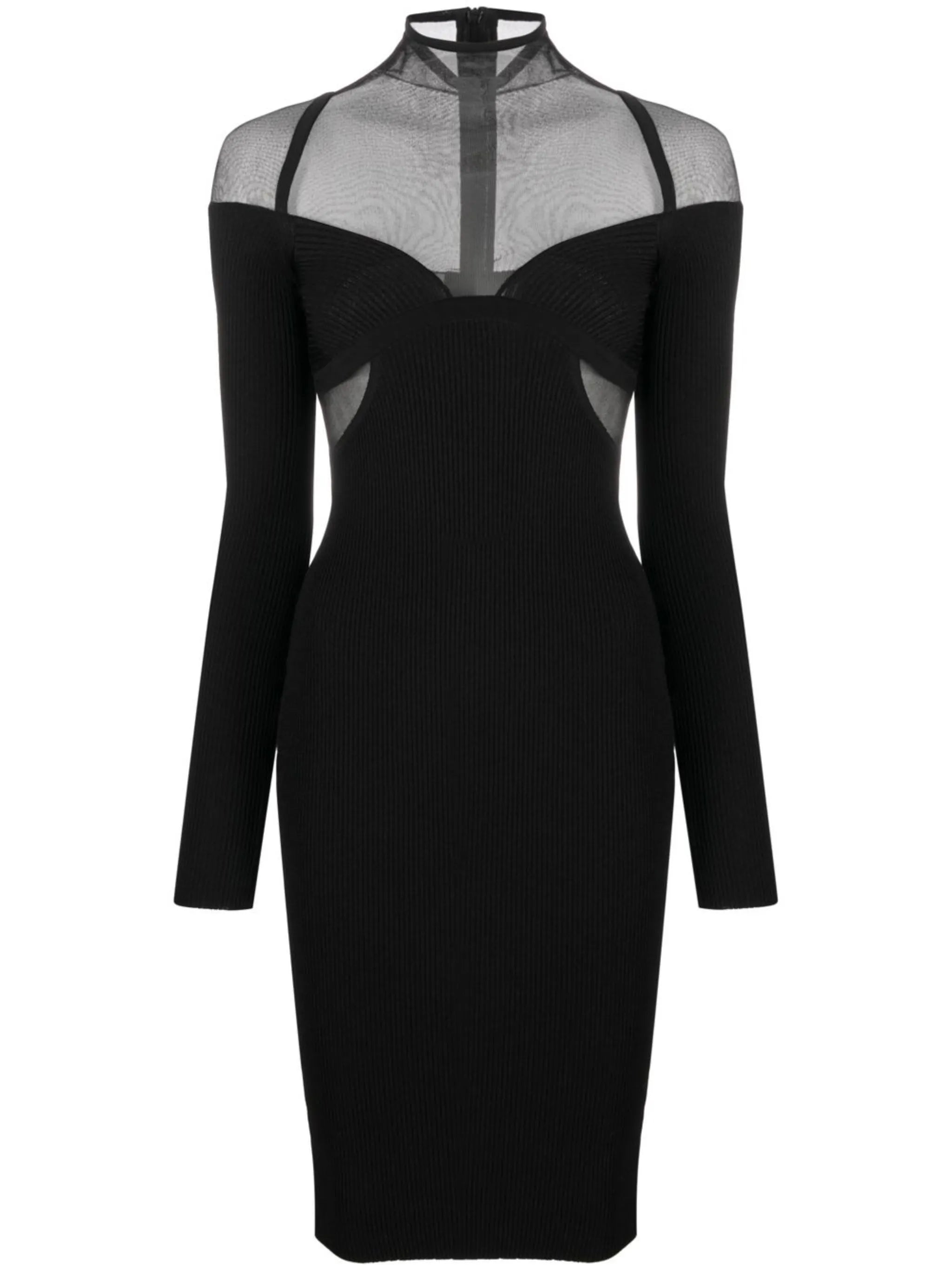 sheer-panel long-sleeve dress