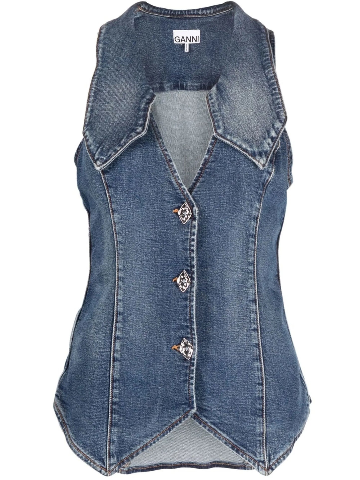 oversized-collar denim waistcoat