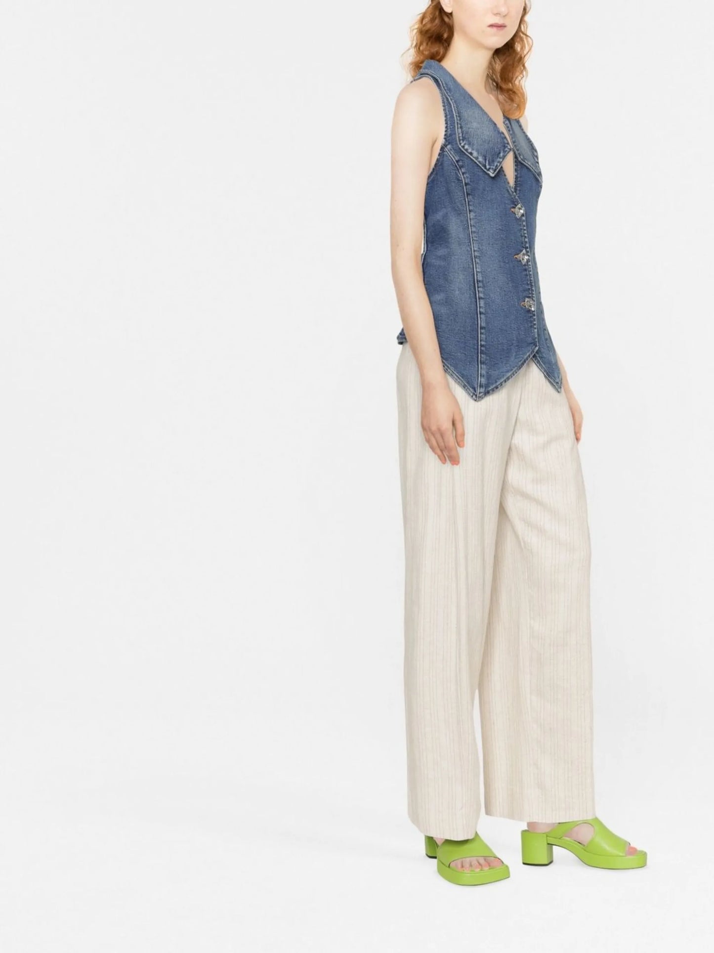 oversized-collar denim waistcoat