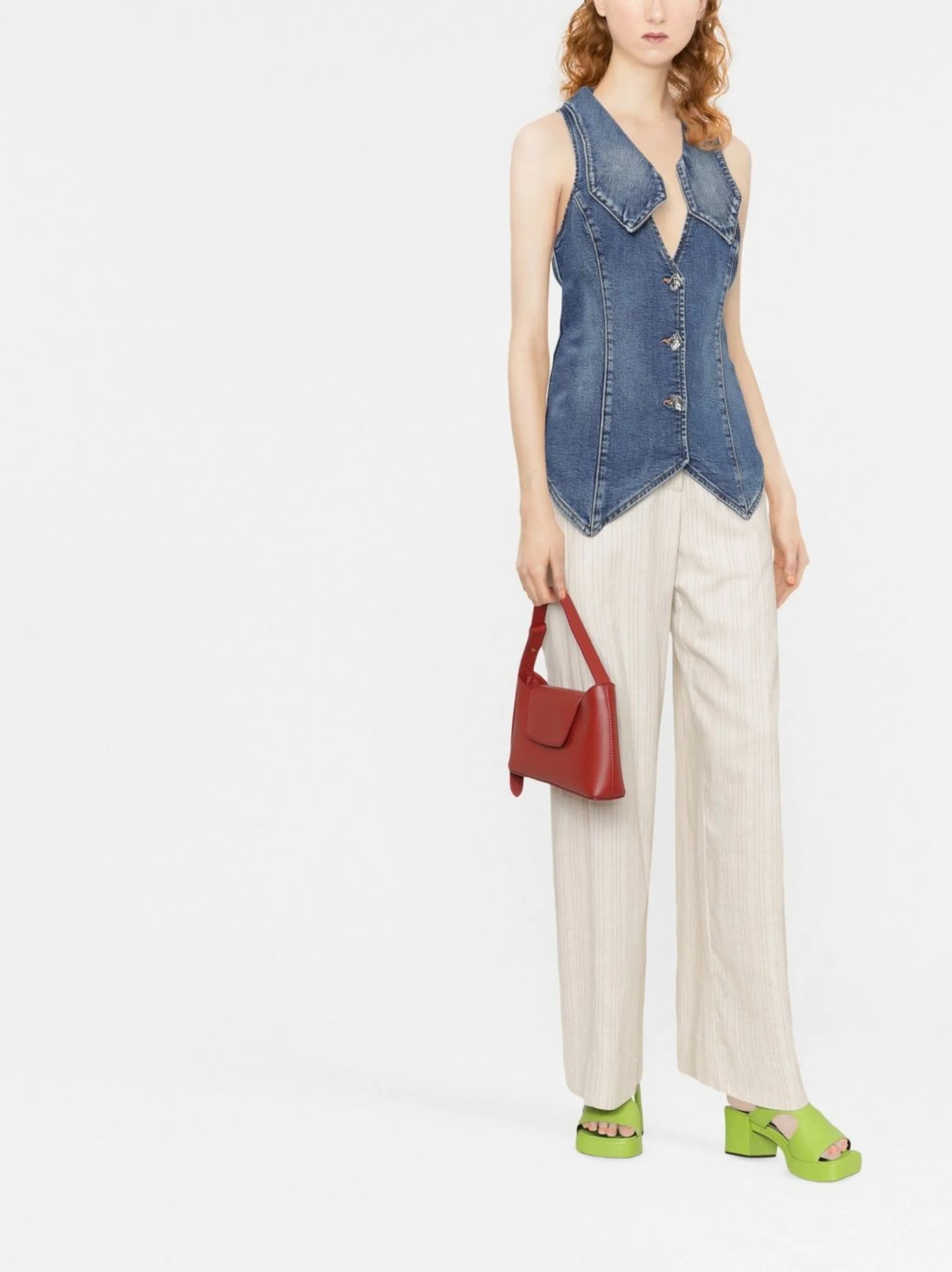 oversized-collar denim waistcoat
