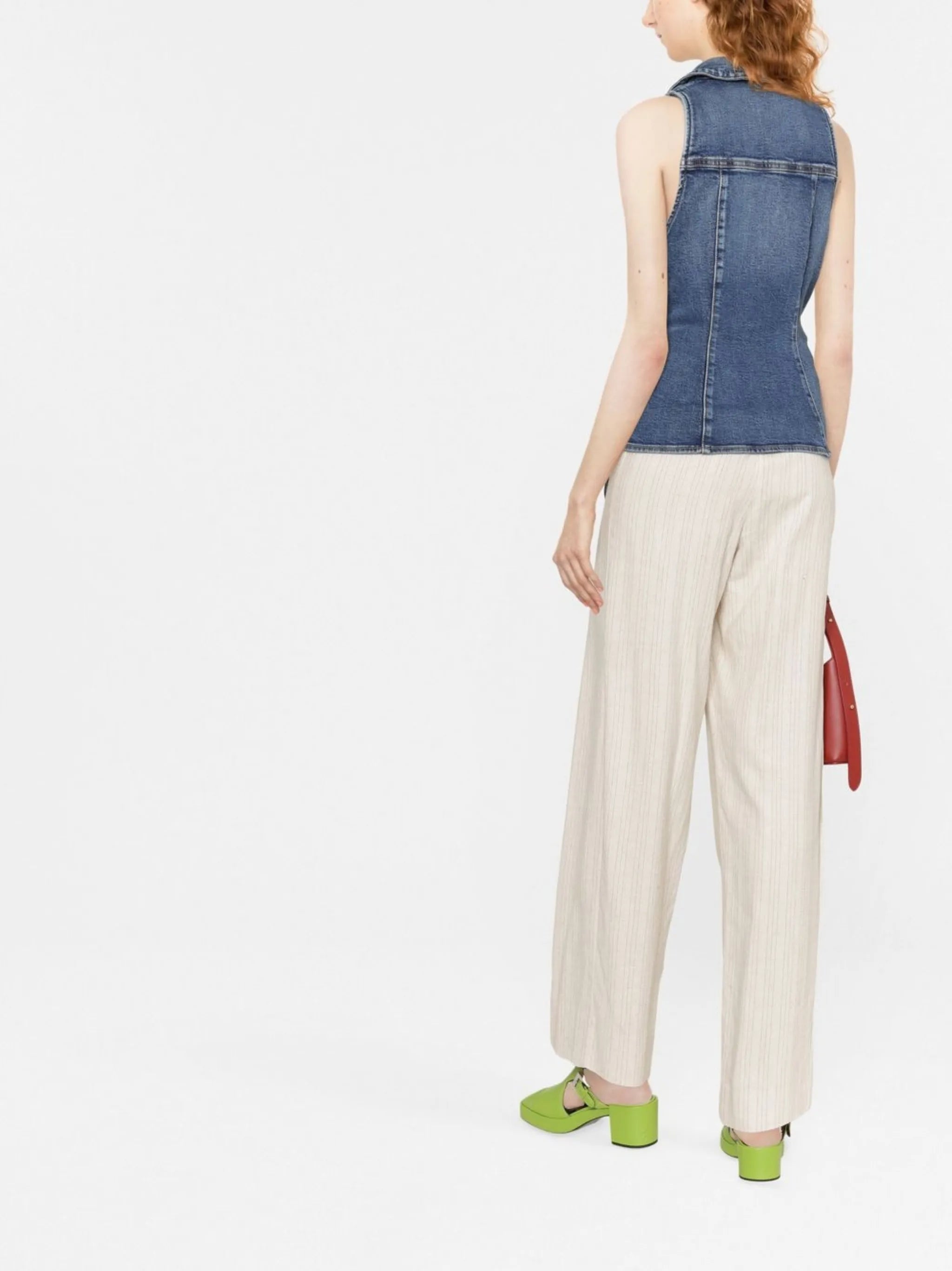 oversized-collar denim waistcoat