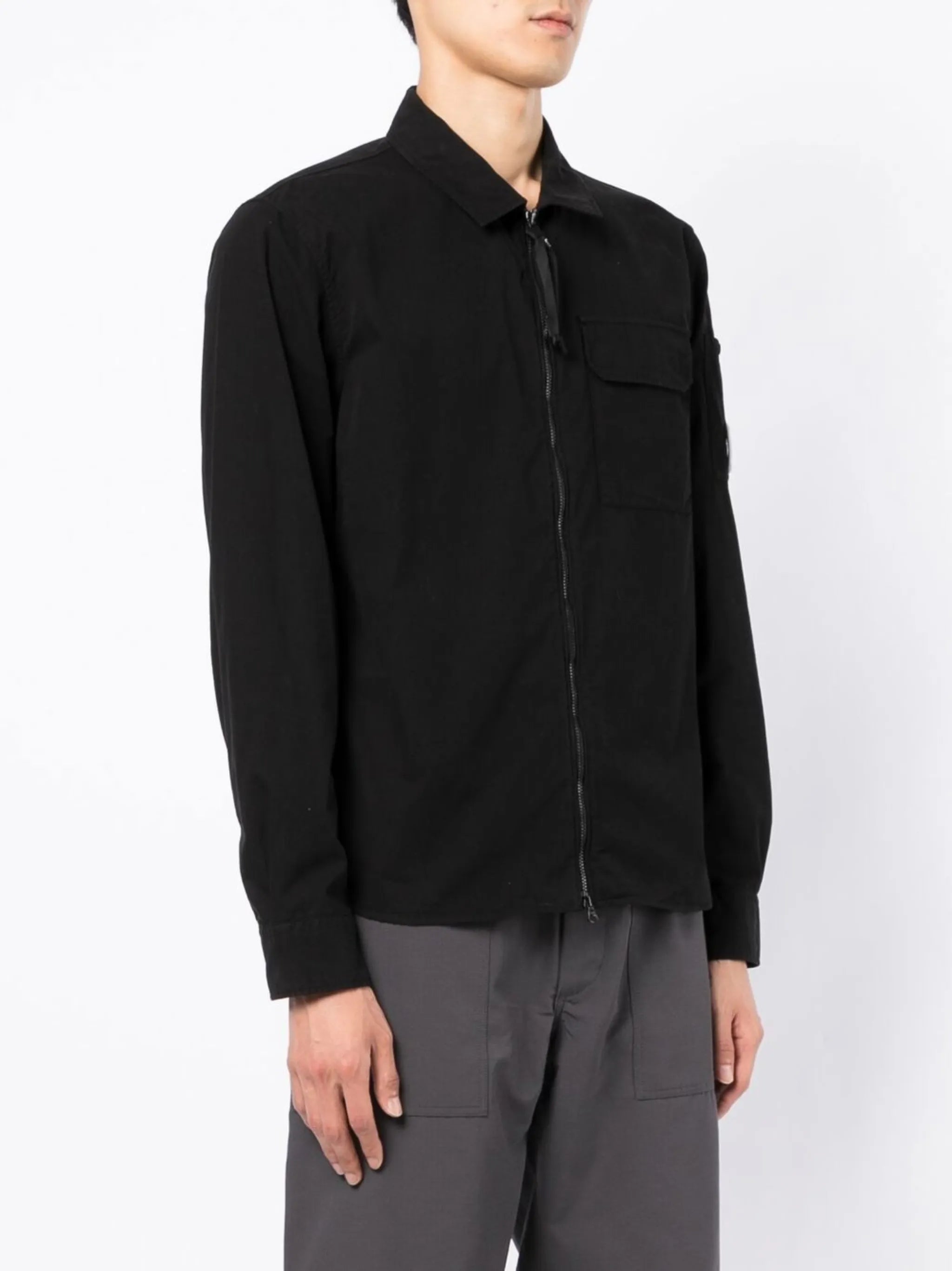 Lens-detail zip-fastening shirt jacket
