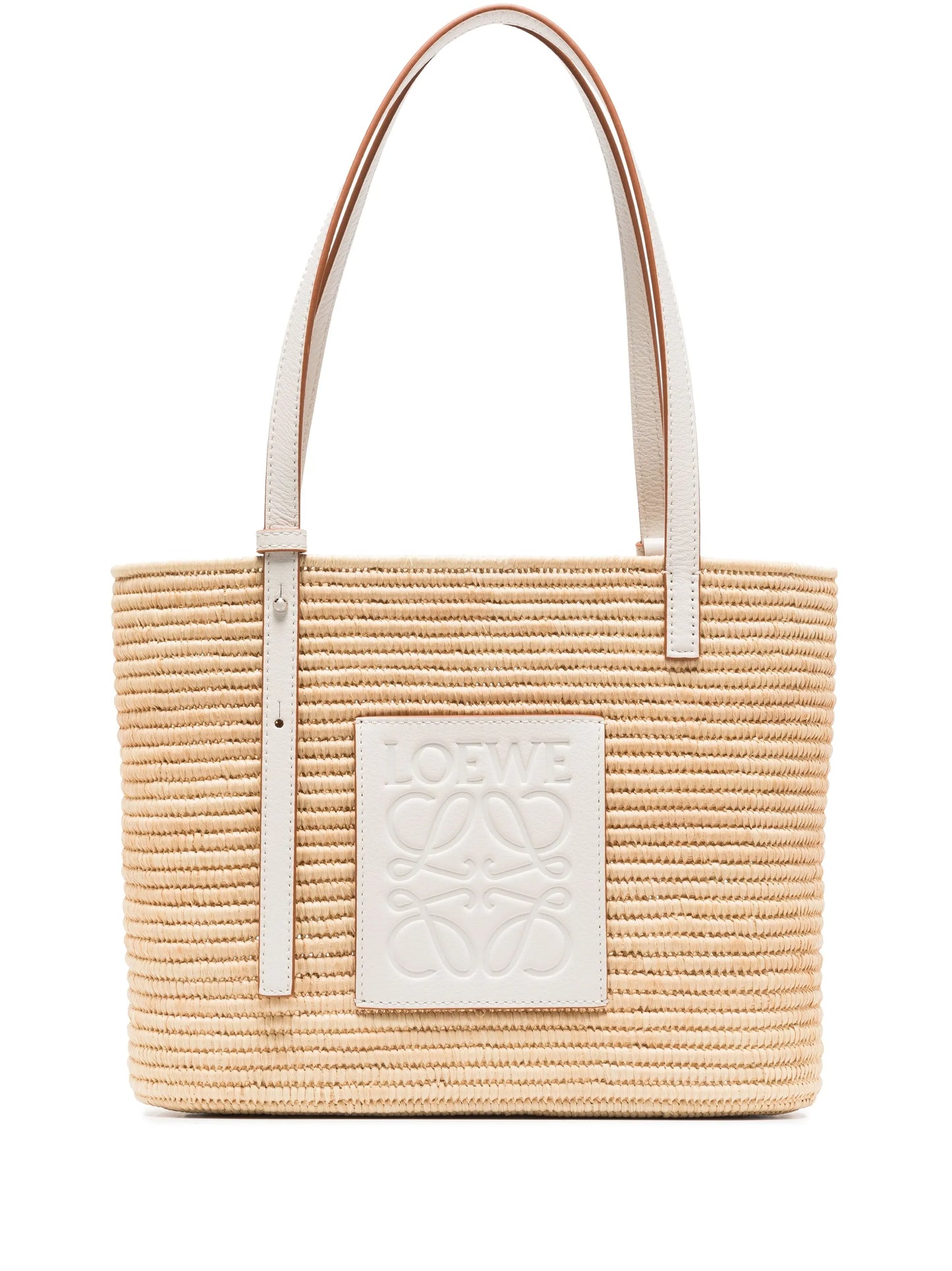 Anagram-patch raffia tote bag