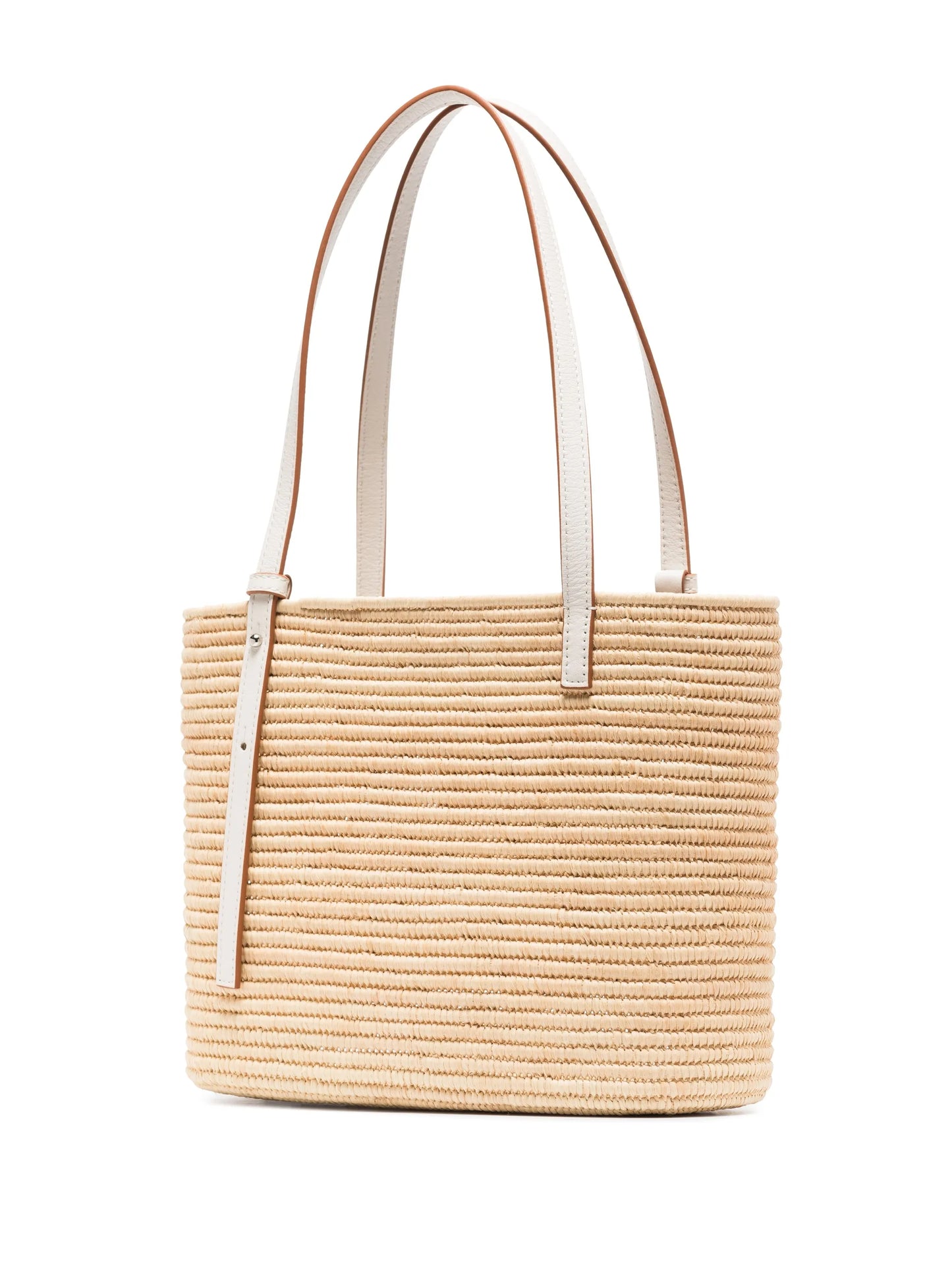 Anagram-patch raffia tote bag