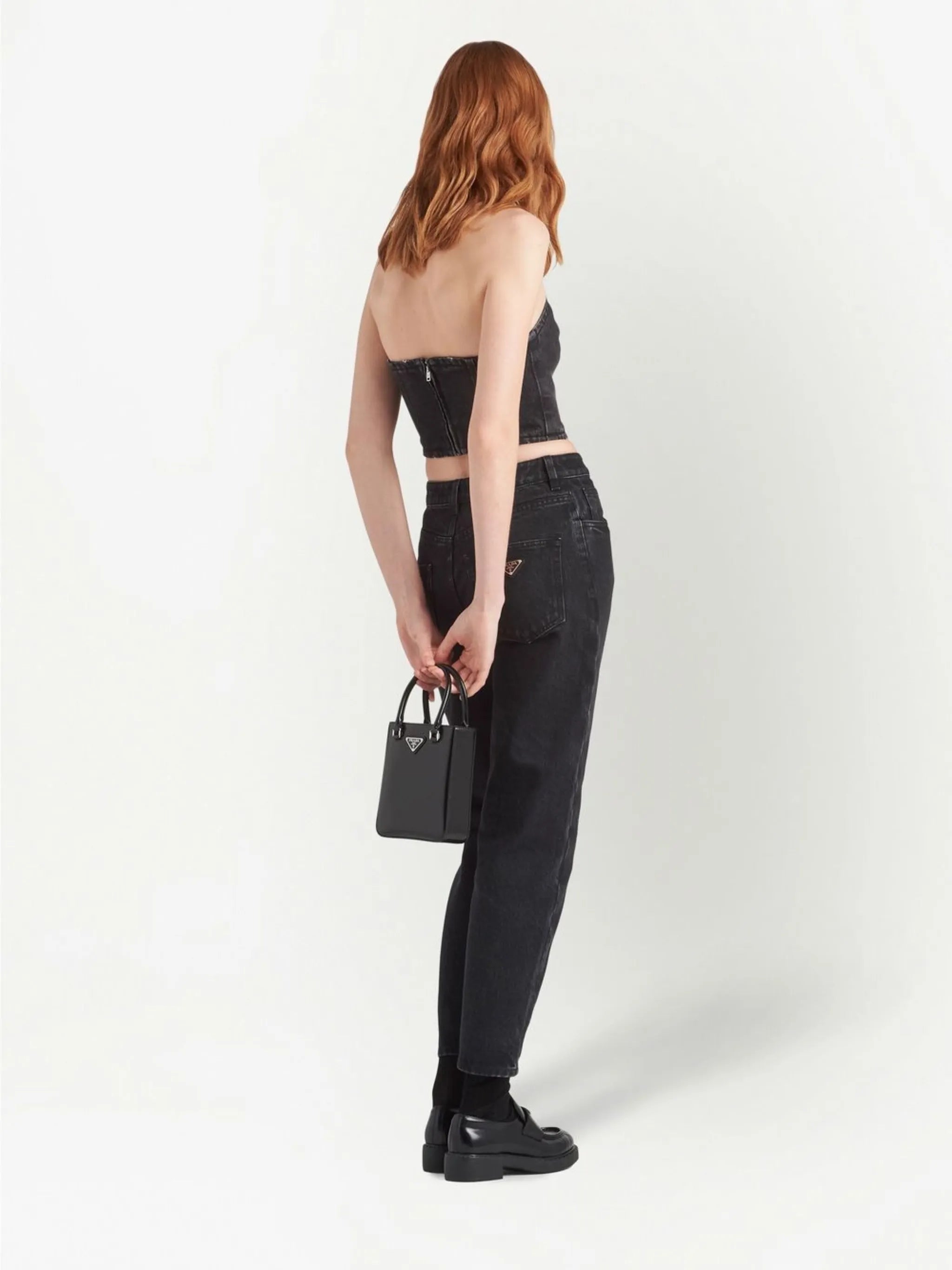 triangle-logo strapless denim top