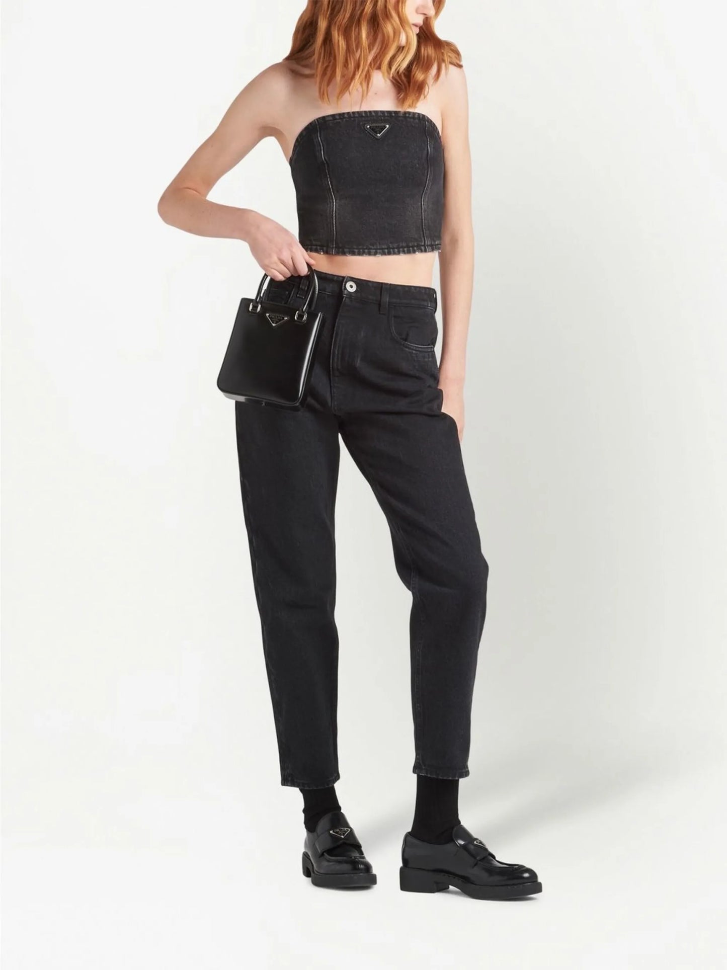 triangle-logo strapless denim top