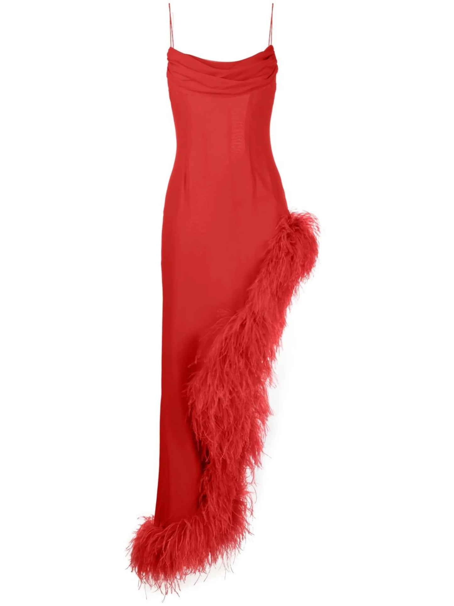 feather-embellished silk gown