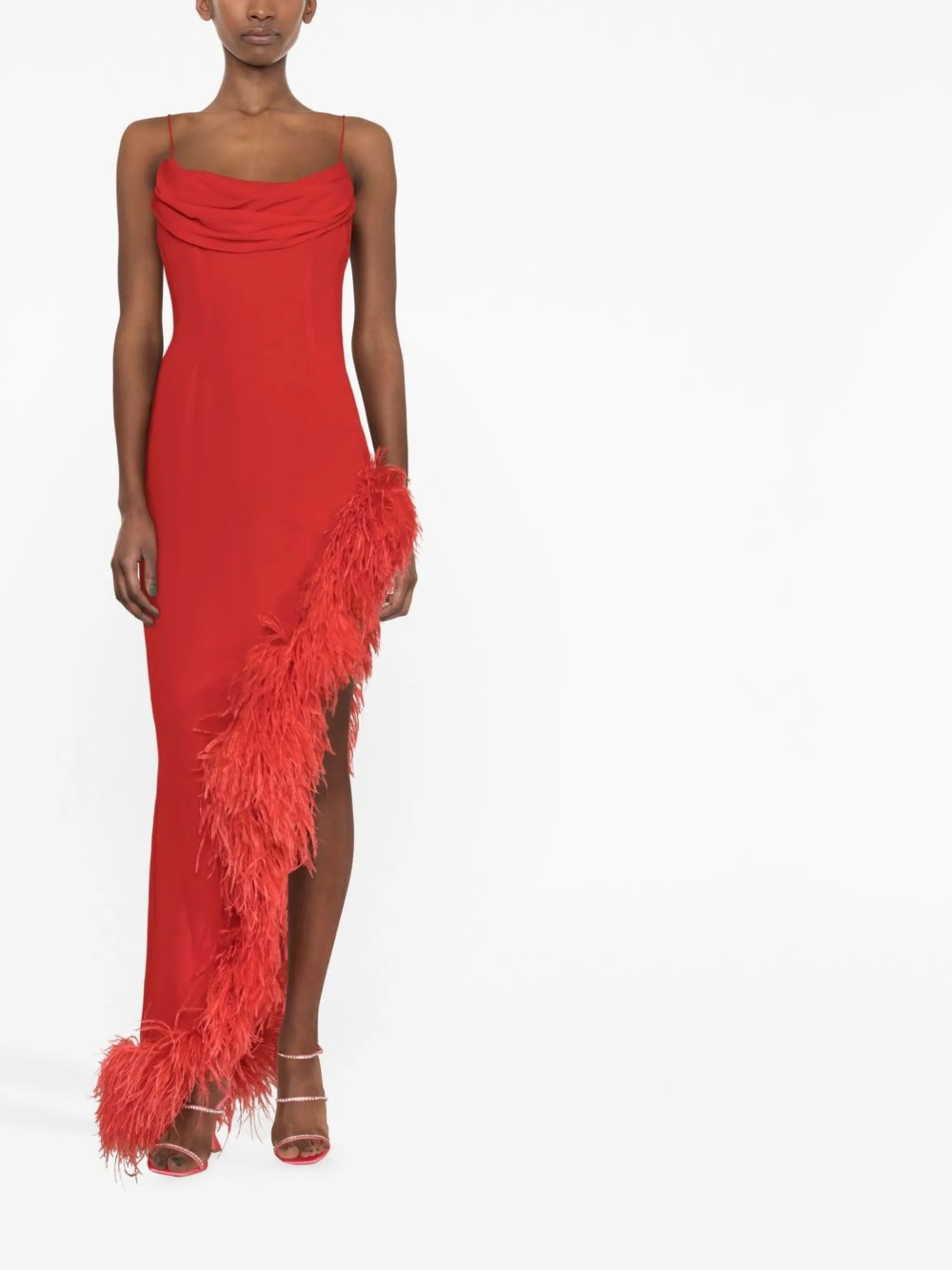 feather-embellished silk gown