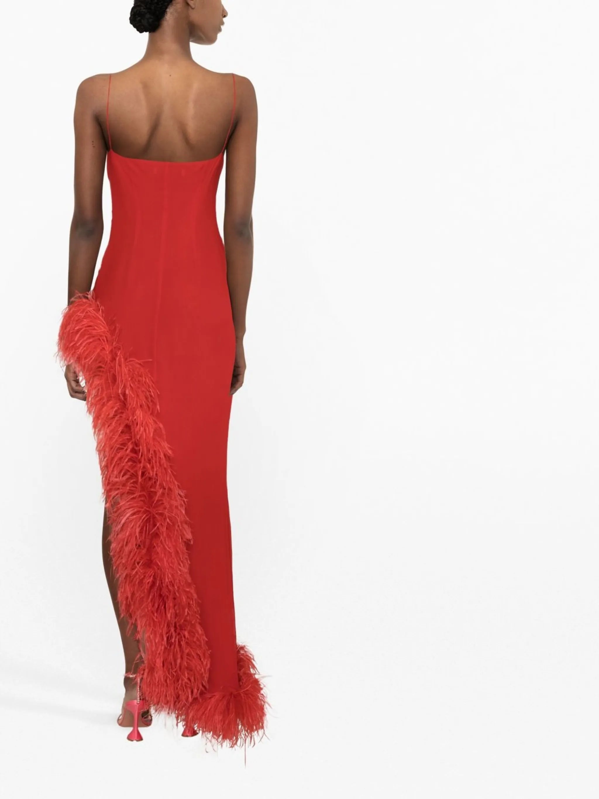 feather-embellished silk gown
