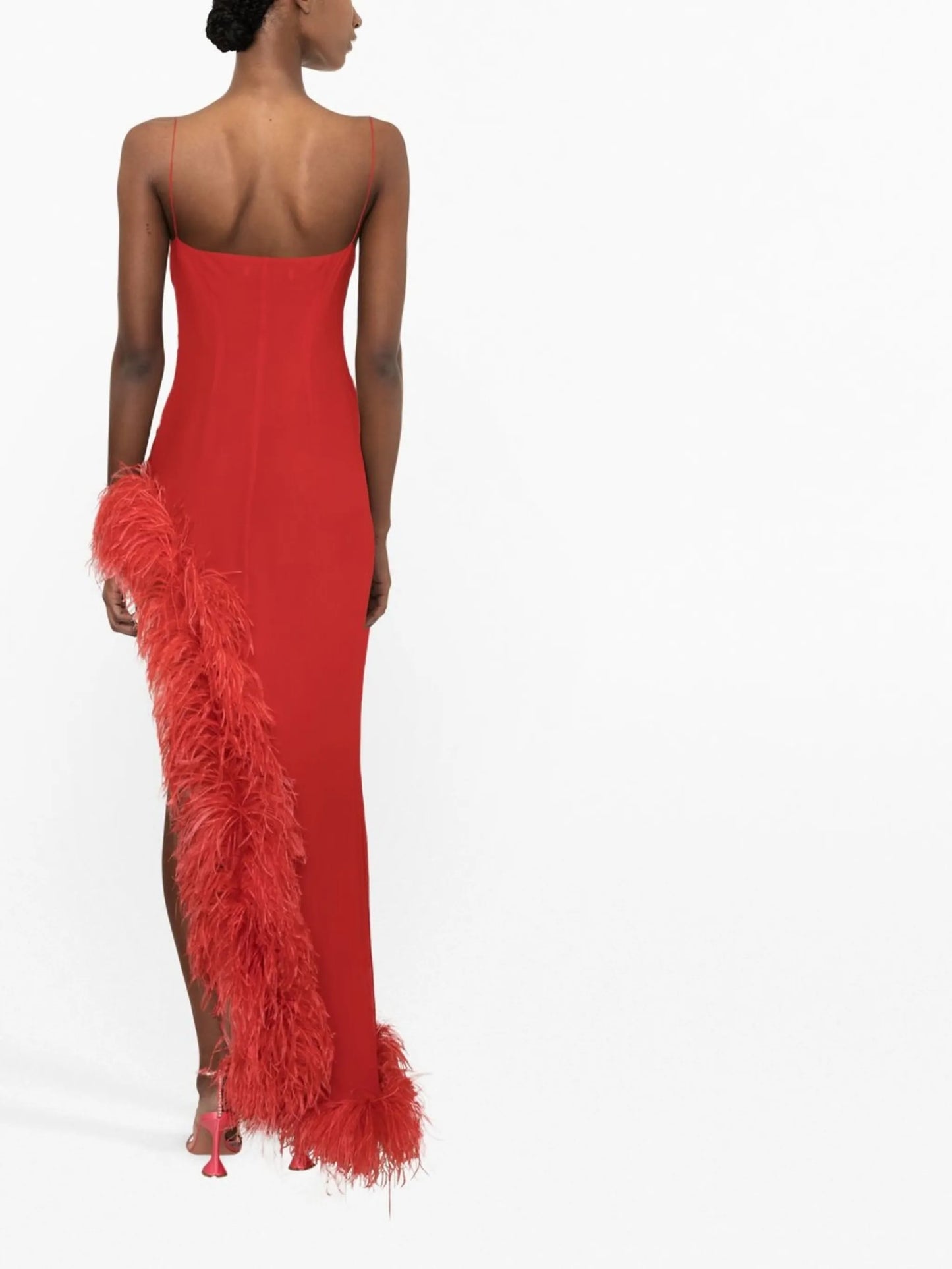 feather-embellished silk gown