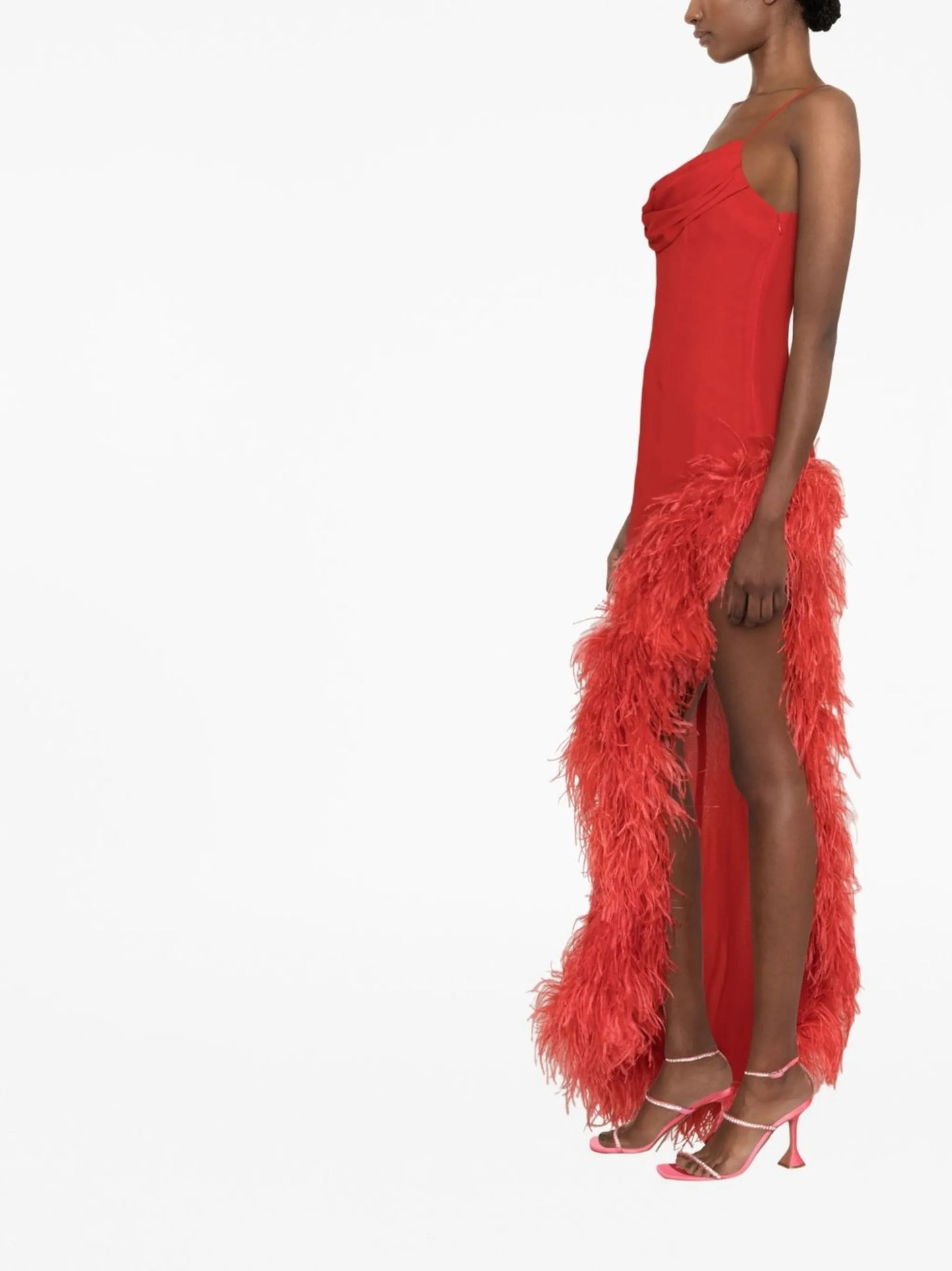 feather-embellished silk gown