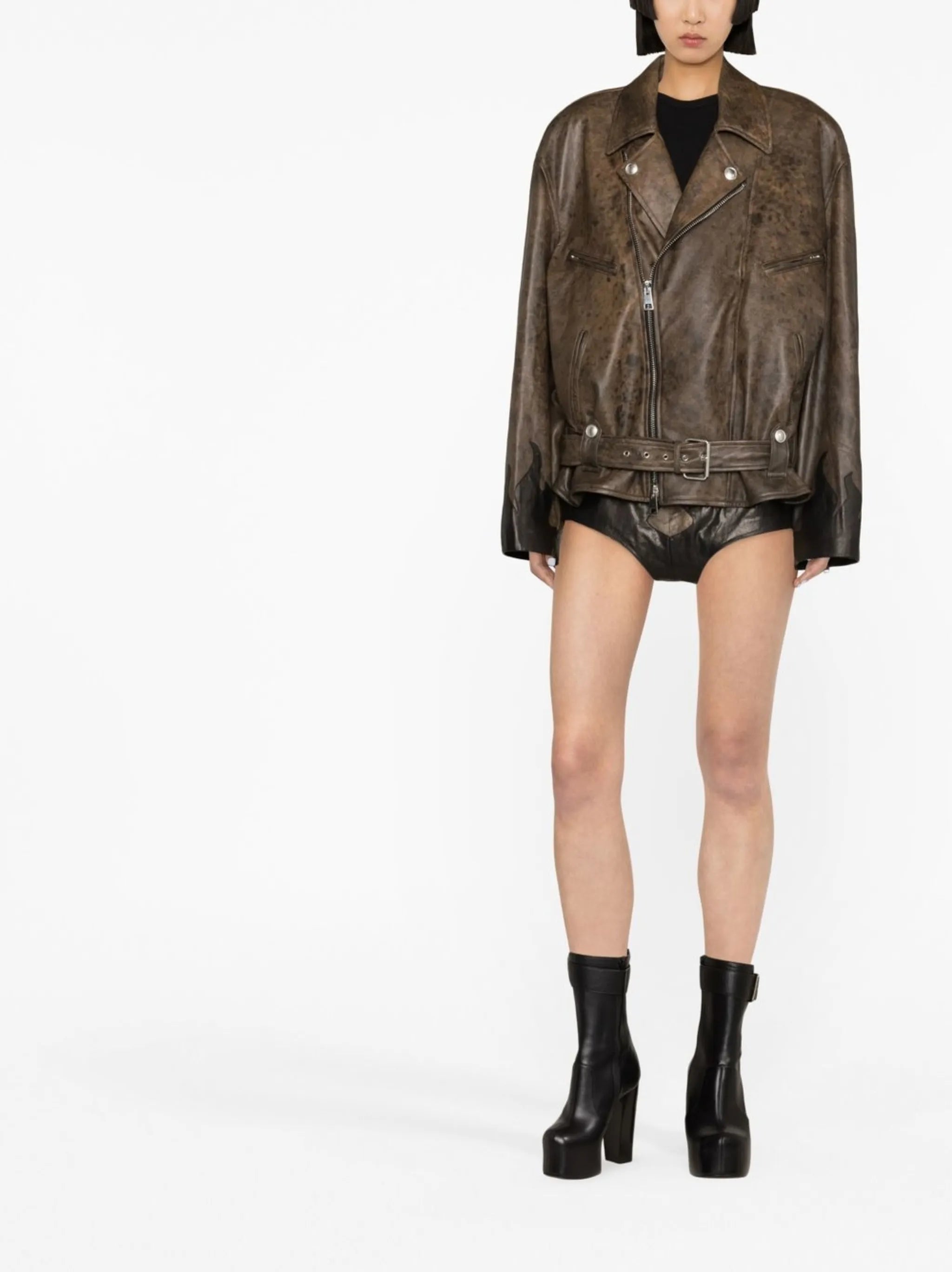 distressed-effect leather jacket