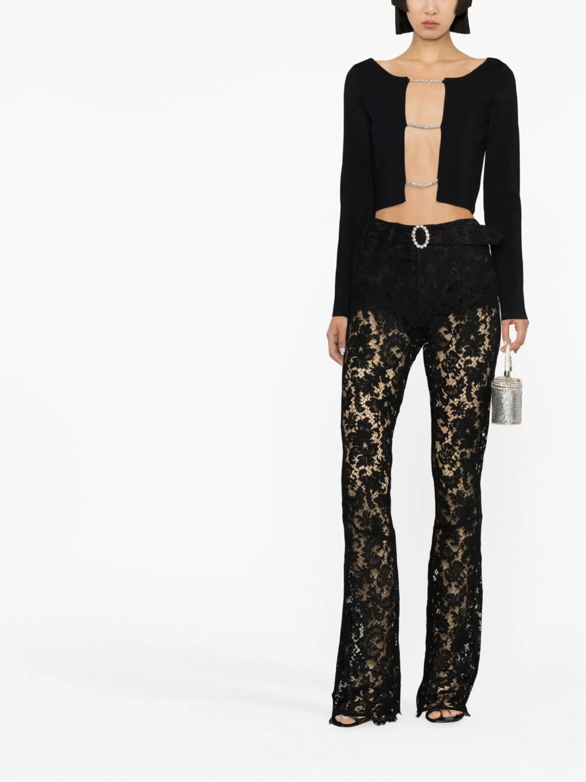 crystal-embellished lace trousers