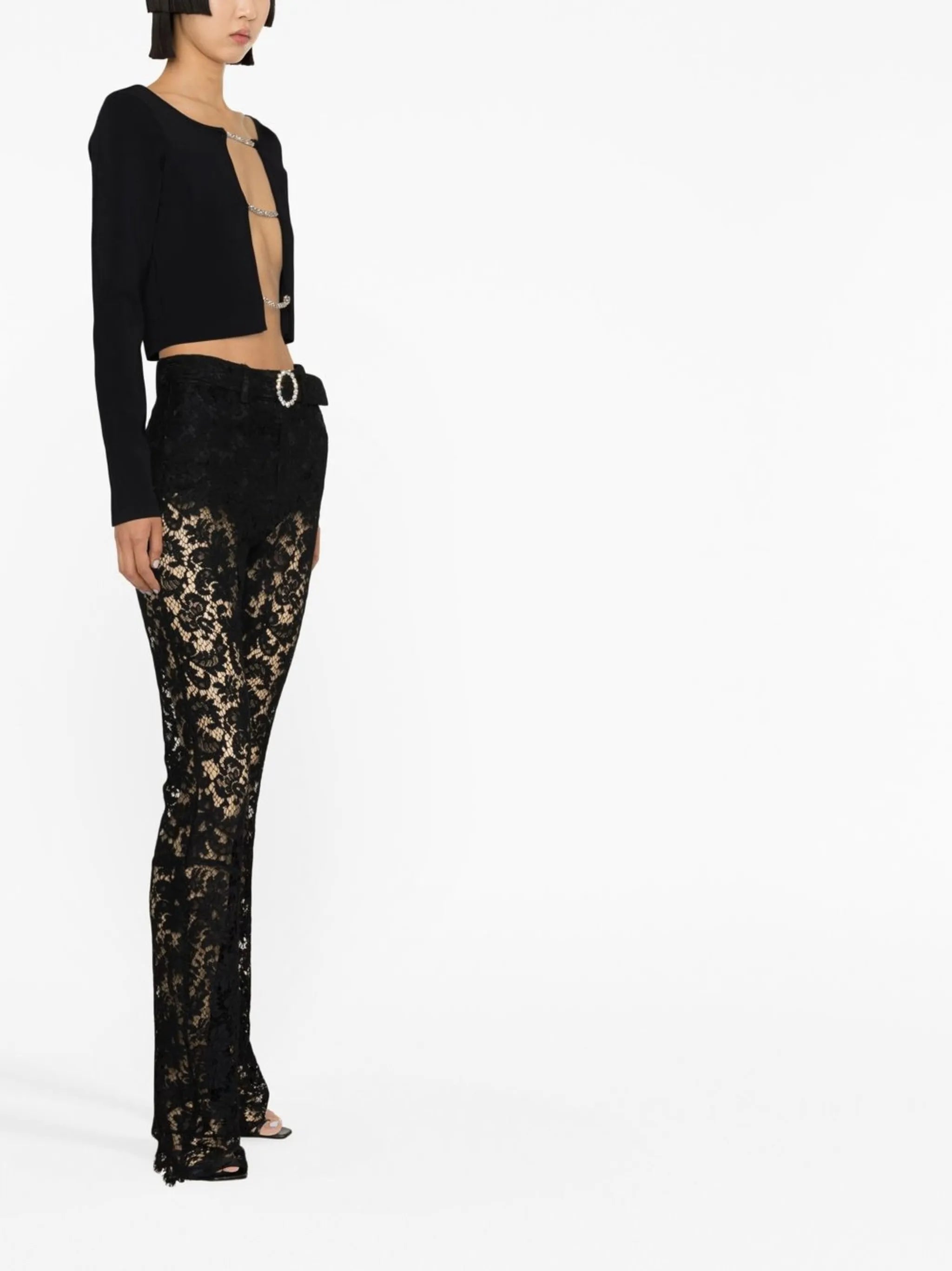 crystal-embellished lace trousers