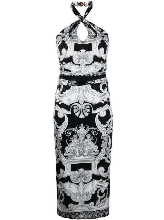 Barocco-print cut-out midi dress