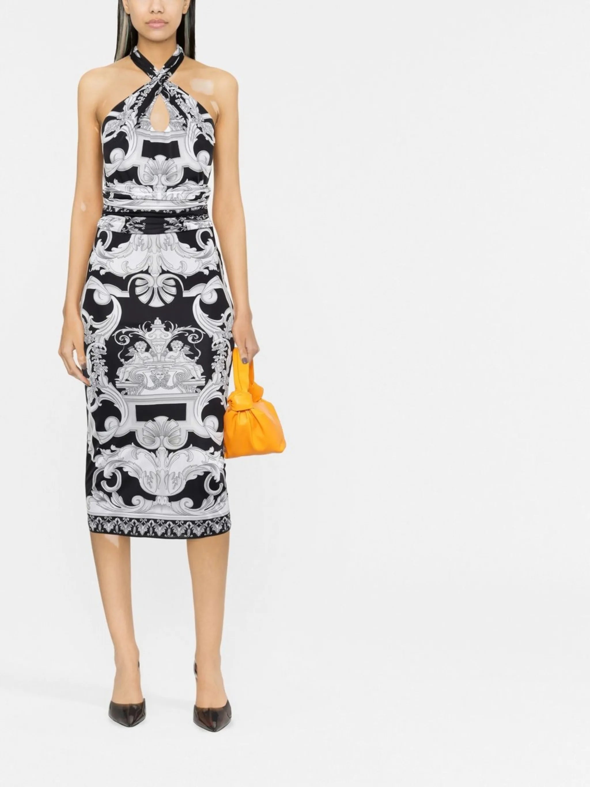 Barocco-print cut-out midi dress