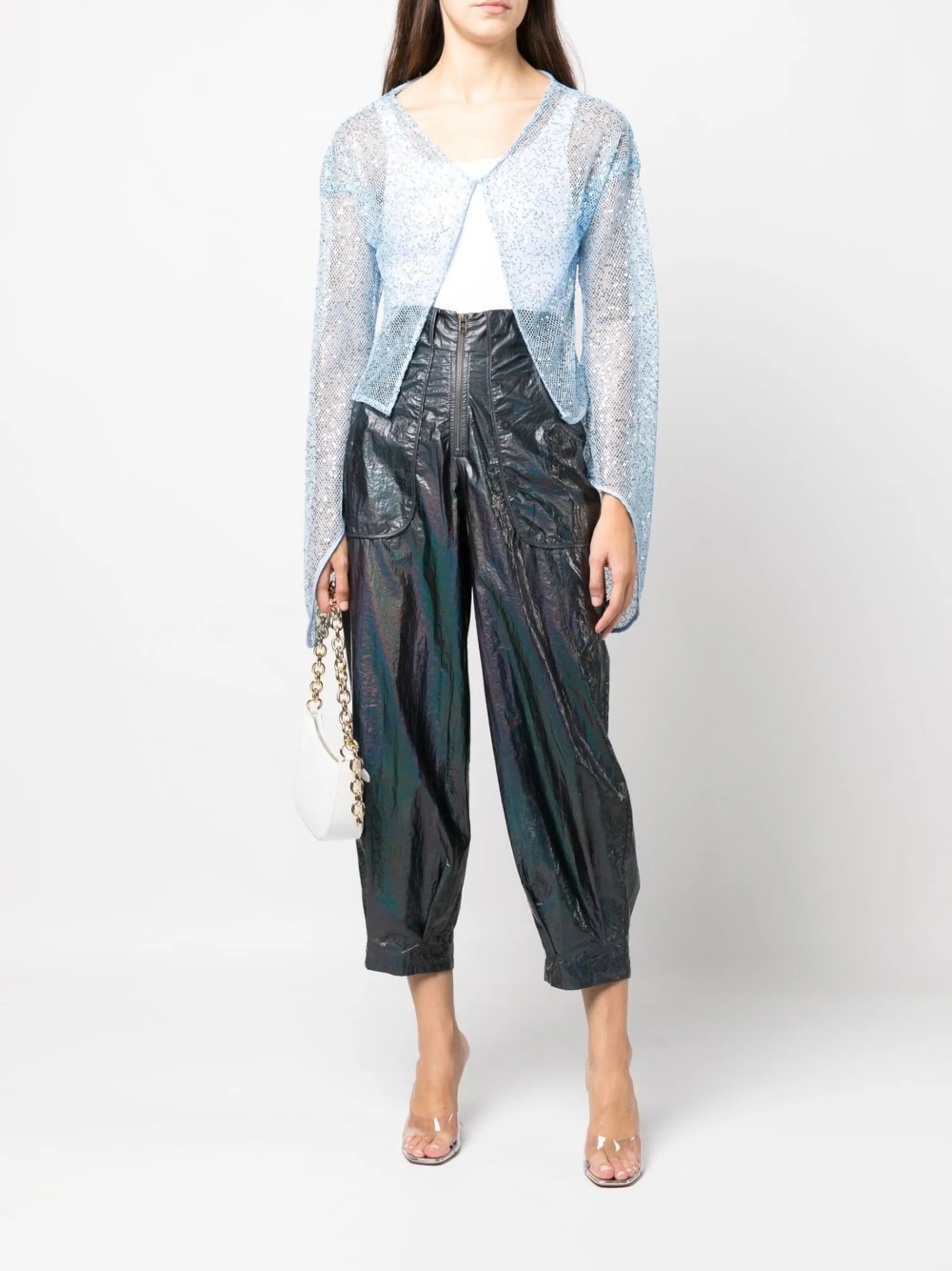 iridescent-effect wide leg trousers