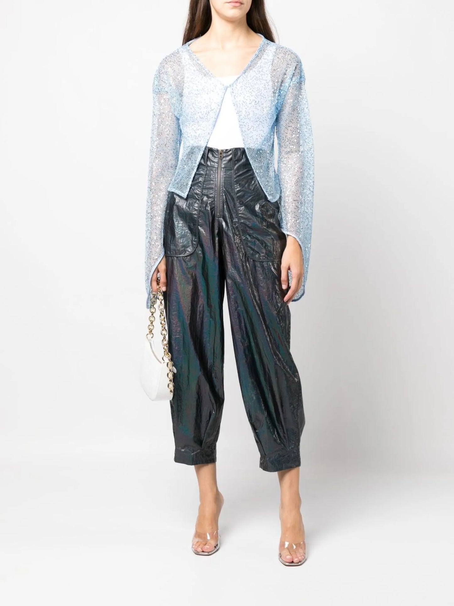 iridescent-effect wide leg trousers