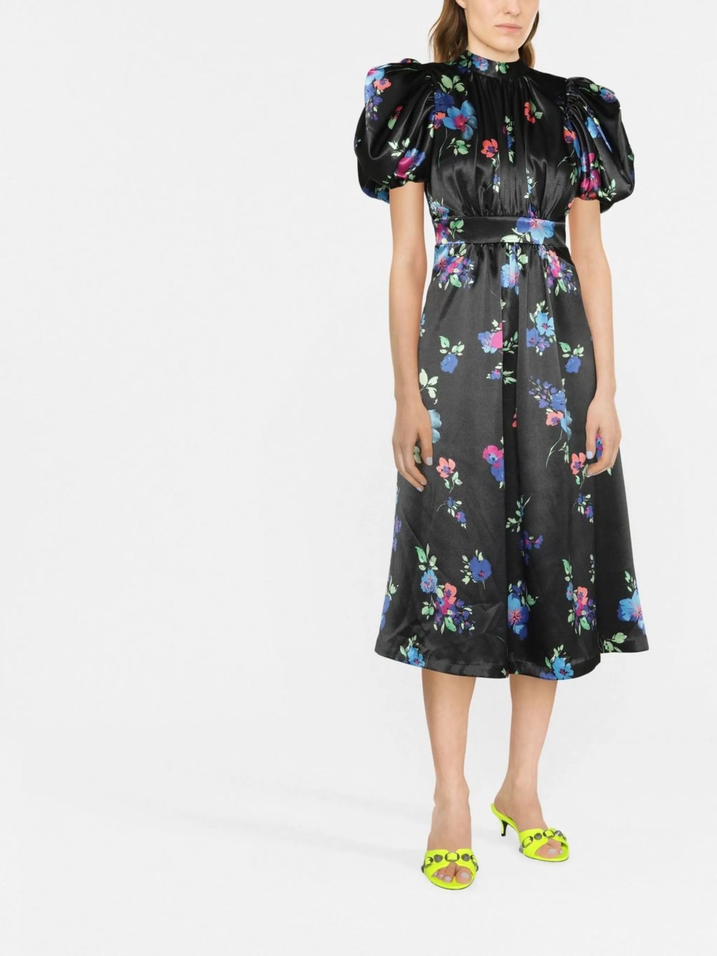 floral-print puff-sleeve midi dress