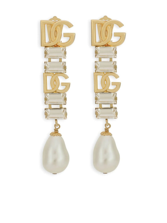 DG logo crystal and faux pearl-detail drop earrings