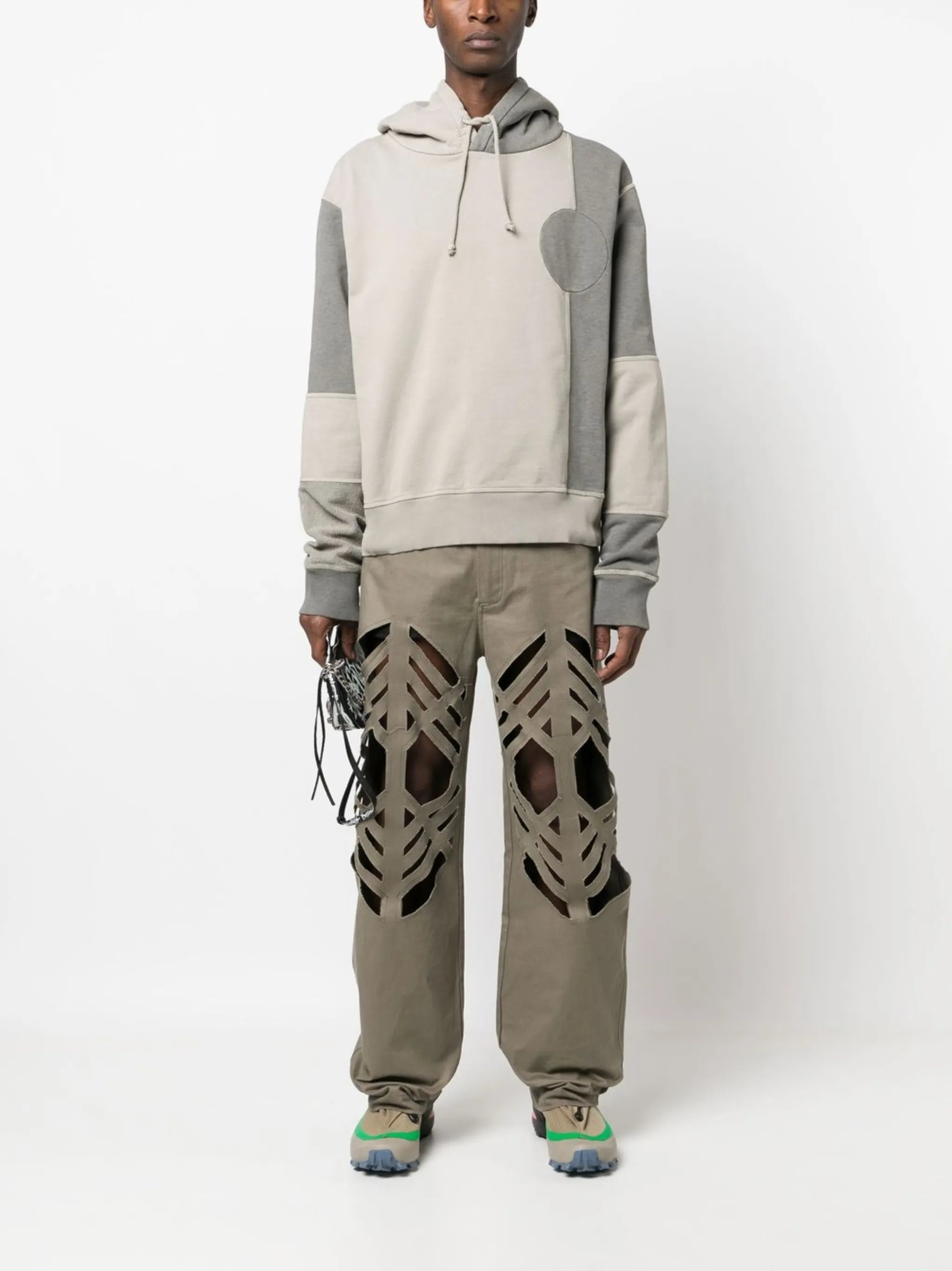 Grey Patchwork Drawstring Hoodie