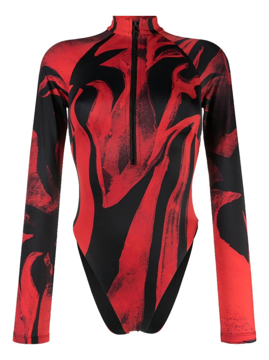 abstract-pattern half-zip swimsuit