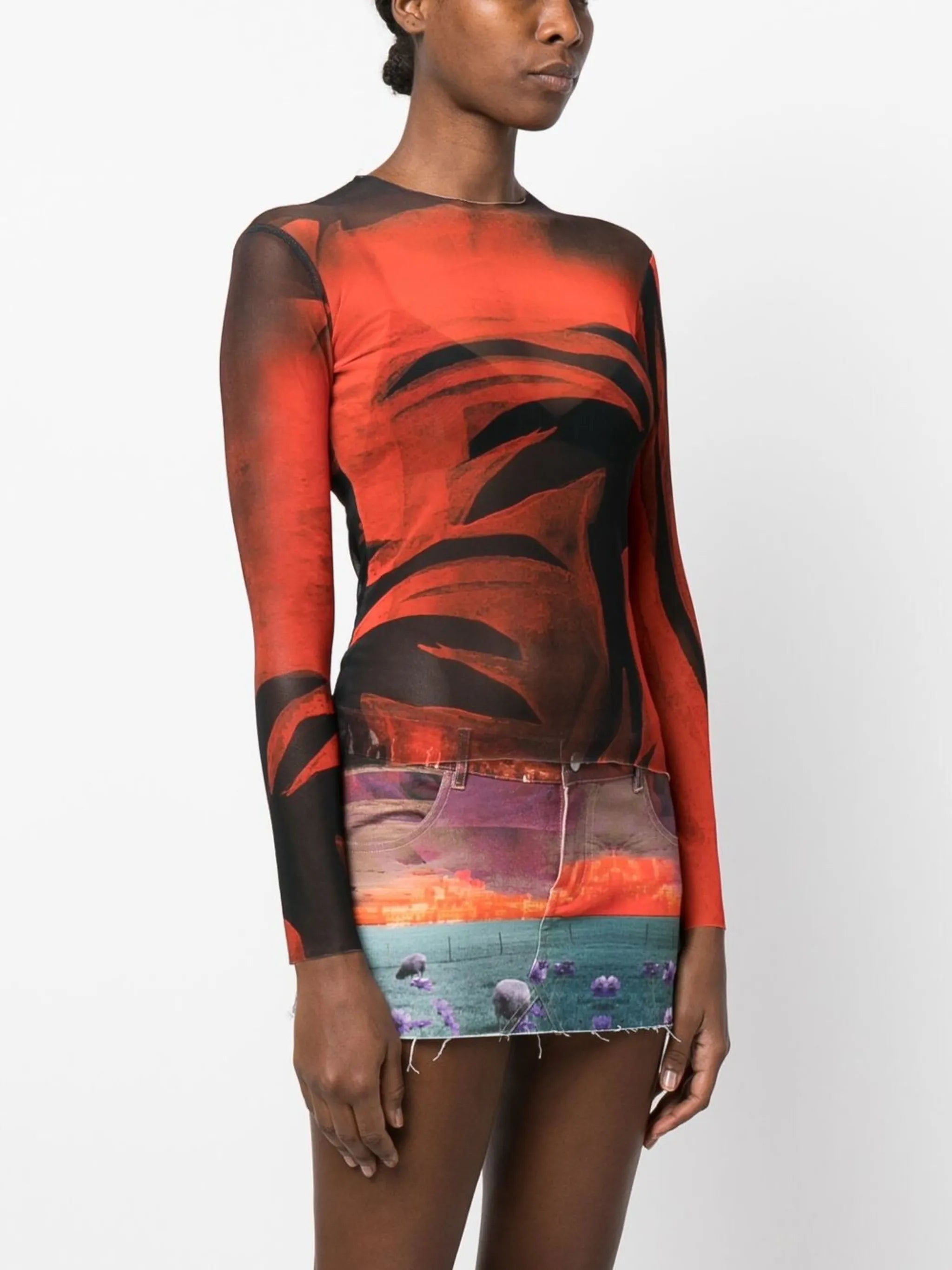 abstract-print semi-sheer top
