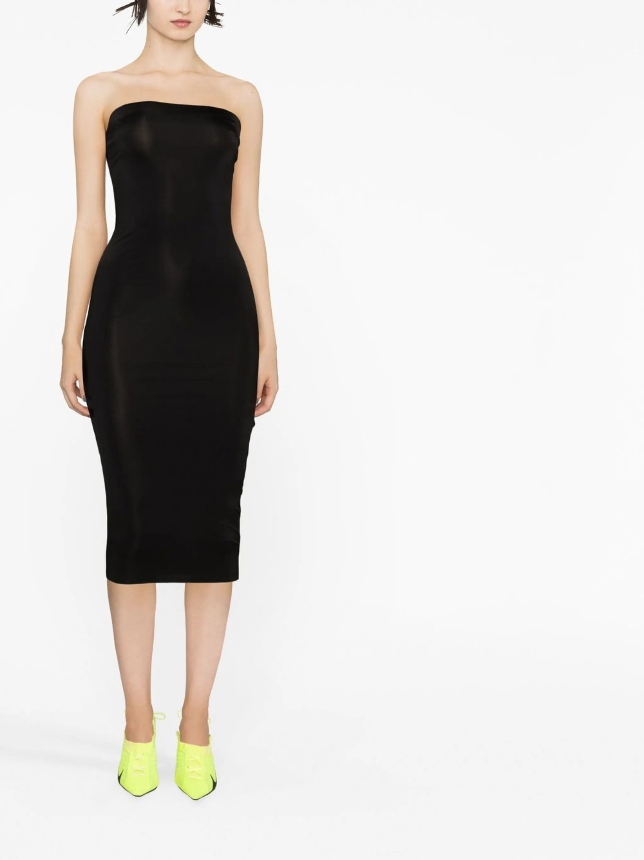 strapless mesh midi dress
