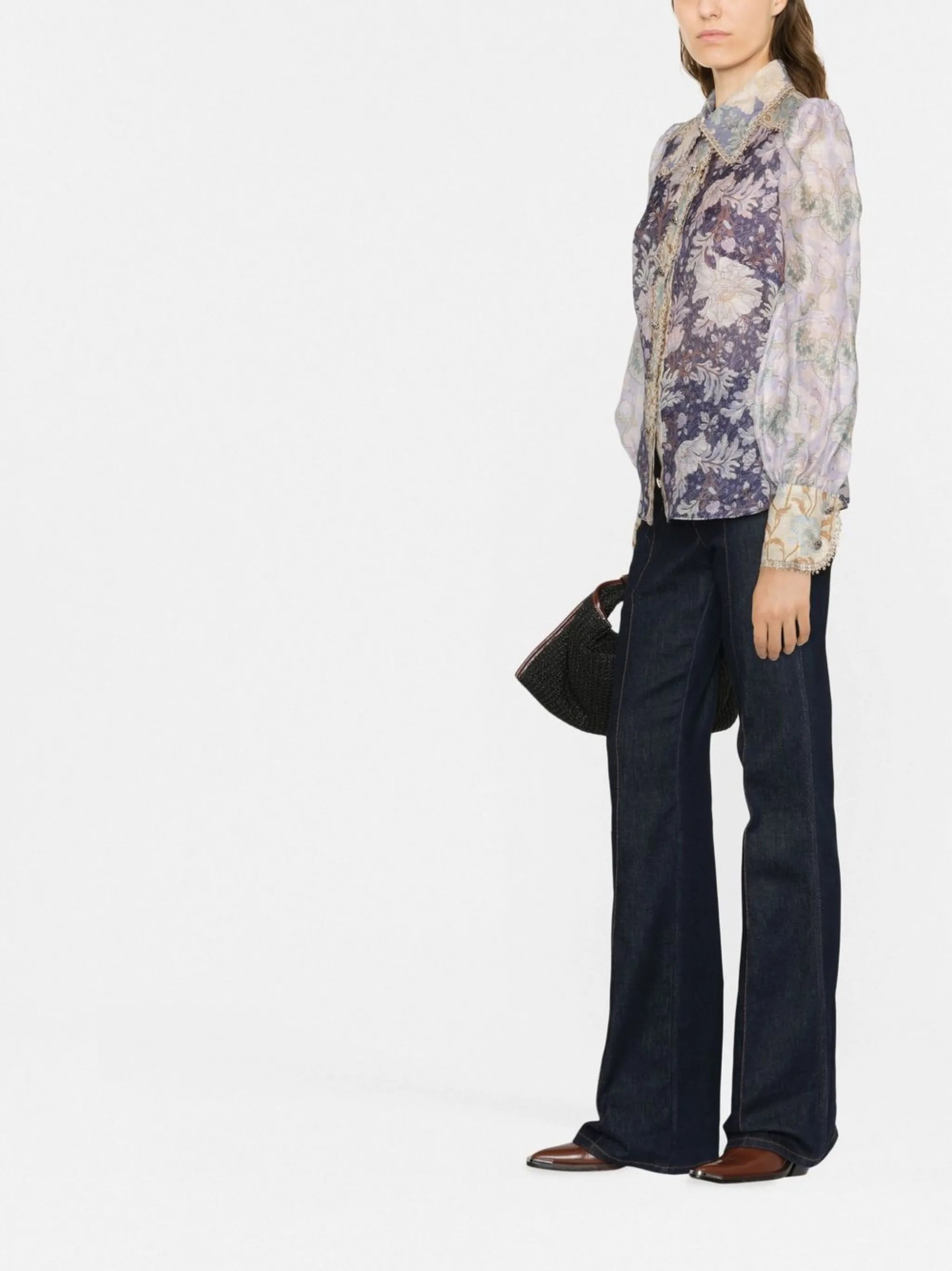 Celestial floral-print puff-sleeve blouse