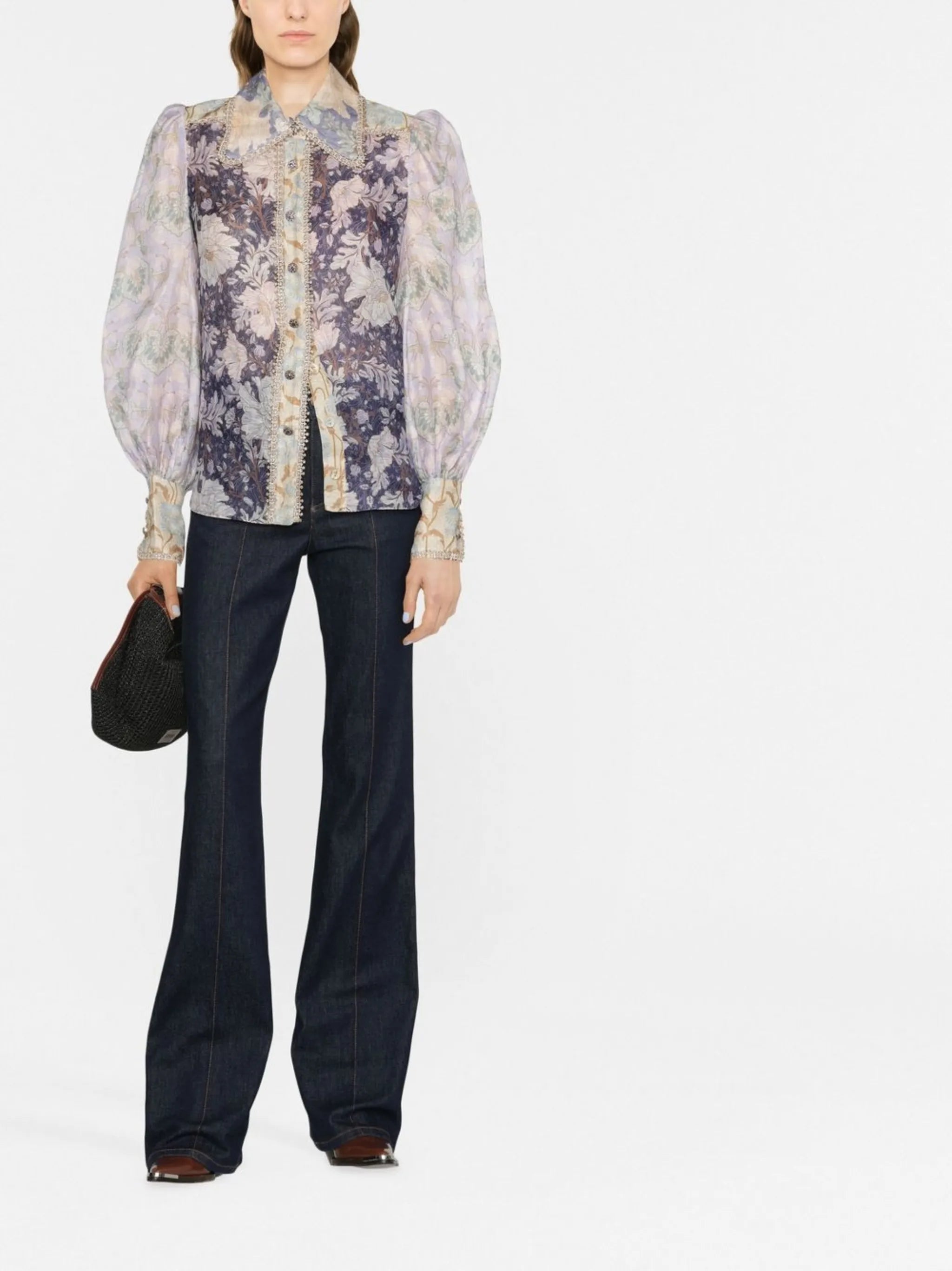 Celestial floral-print puff-sleeve blouse