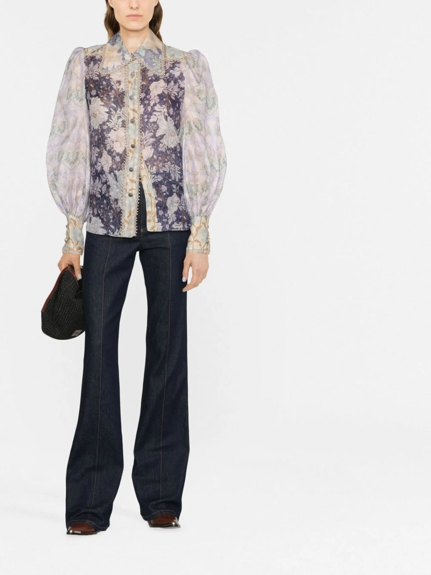 Celestial floral-print puff-sleeve blouse
