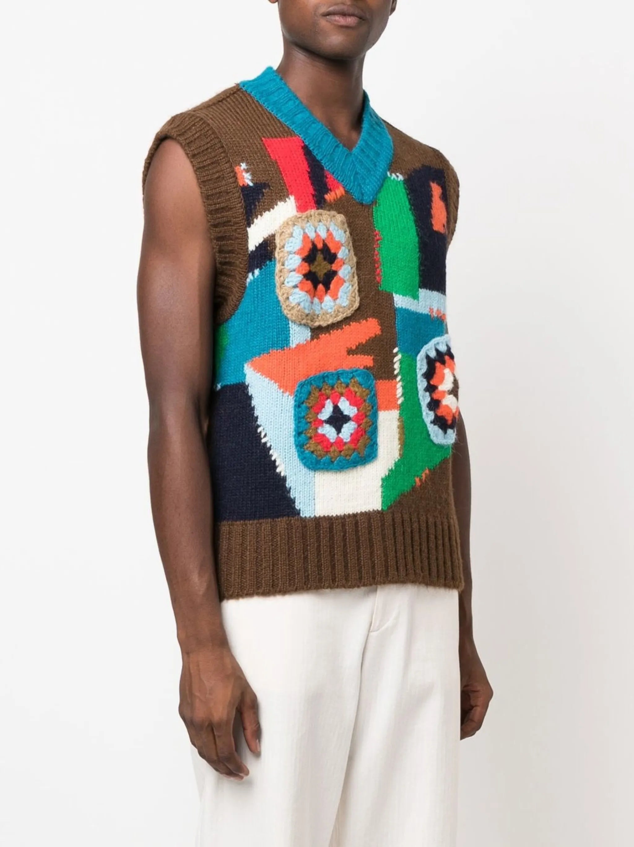 crochet-knit V-neck jumper