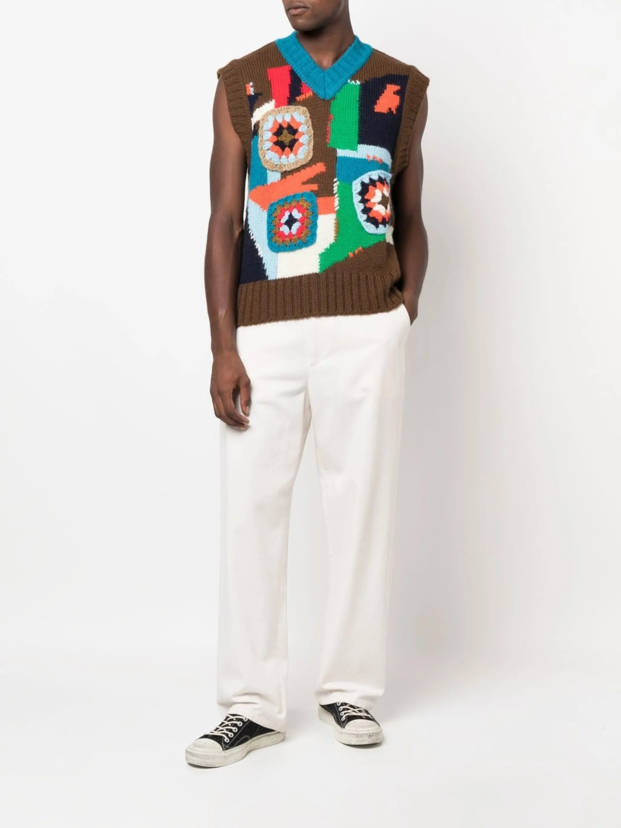 crochet-knit V-neck jumper